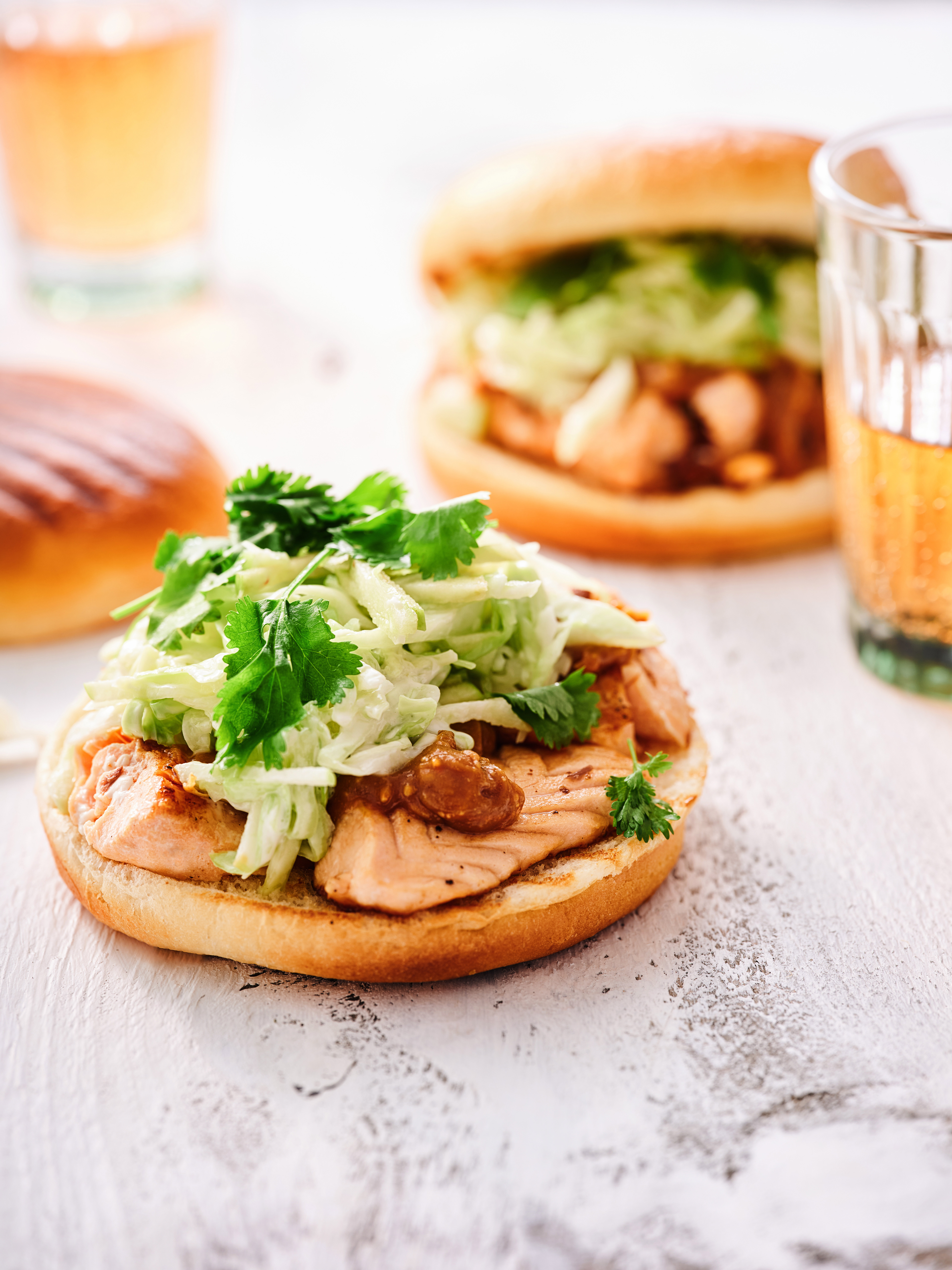 Salmon Burger with Apple Coleslaw and Peanut Butter Sauce