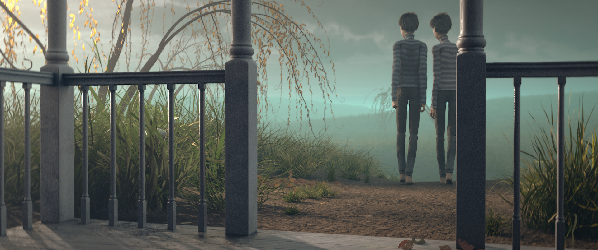 I used Houdini to generate the terrain above and Maya's Mash tool to instance the grass packs. I modeled the house and the characters in this shot.