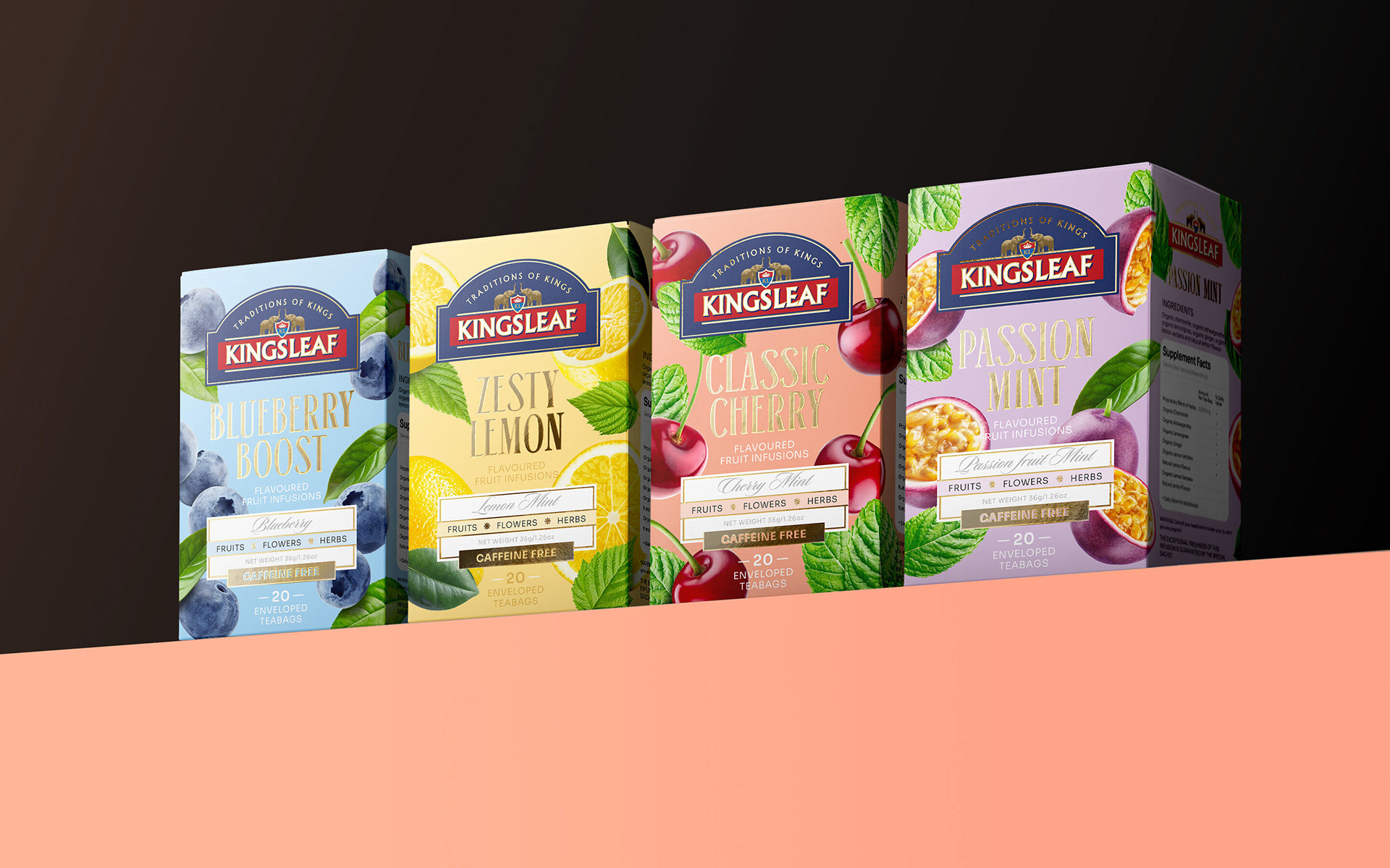 Premium packaging design for Kingsleaf Fruit Infusions by a Toronto-based creative director, featuring a vibrant lineup of tea boxes with high shelf impact