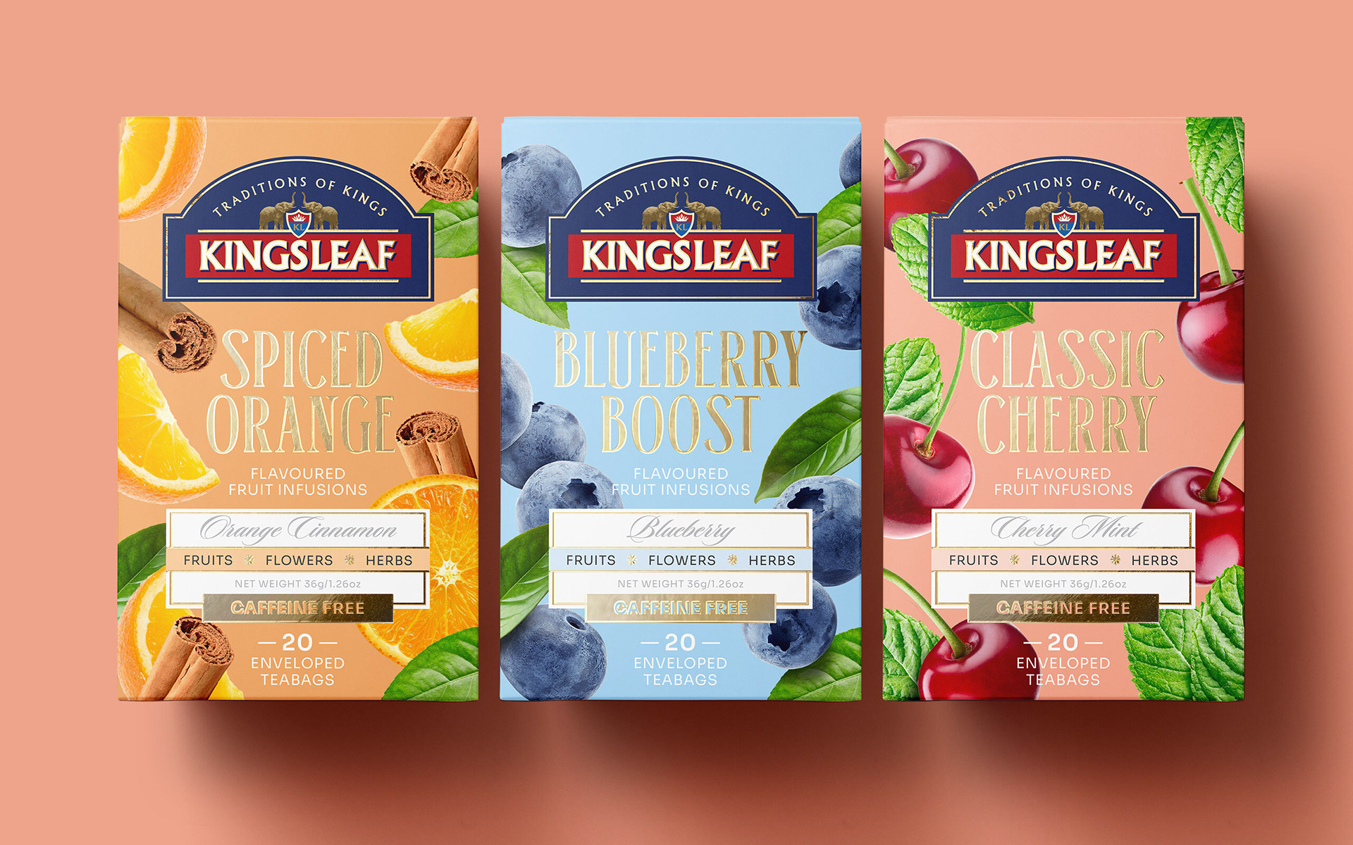 xpert packaging design services in Toronto: A close-up of Kingsleaf tea box showcasing modern-vintage branding and hyper-realistic fruit illustrations