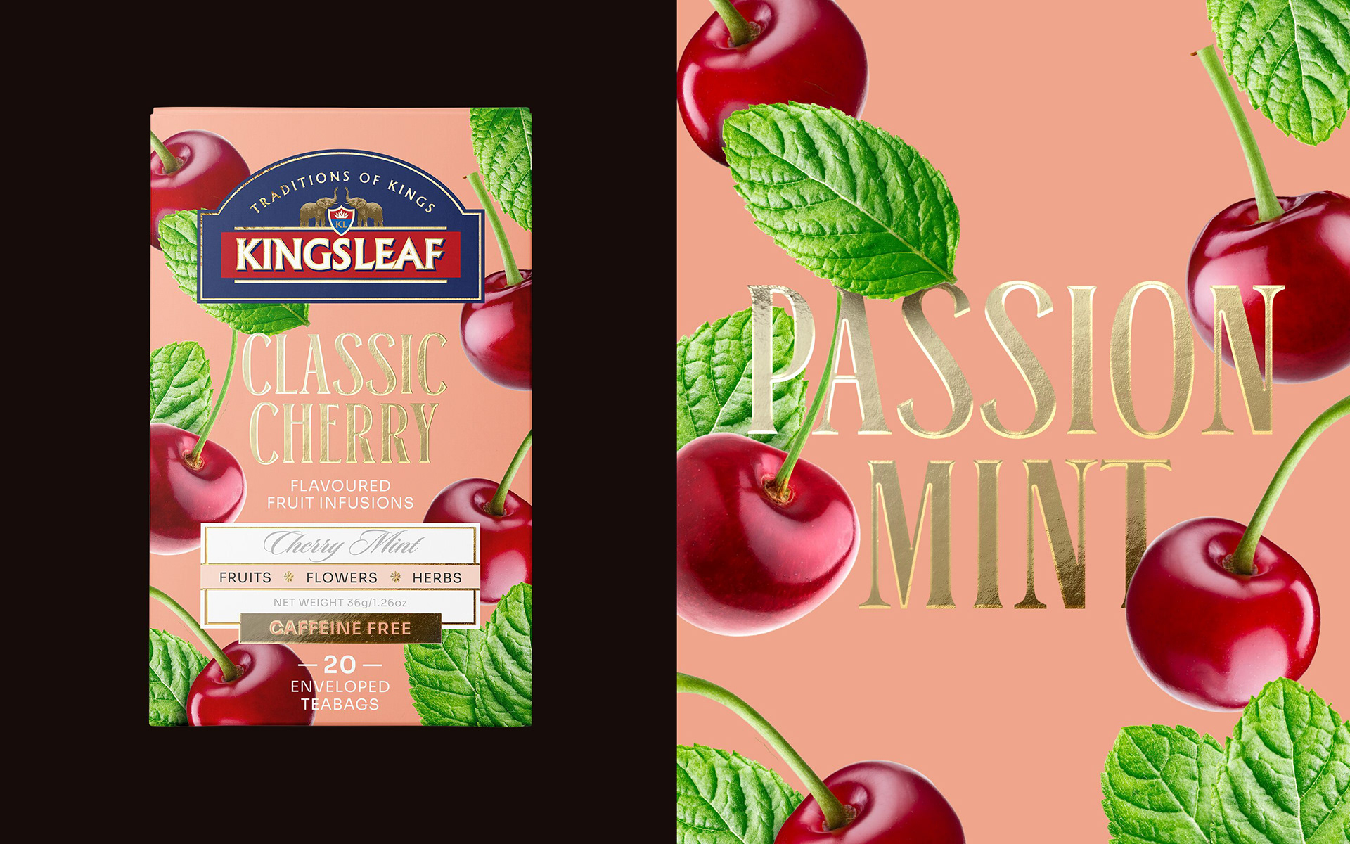Custom retail packaging design for Toronto-based brands, featuring Kingsleaf Fruit Infusions' vibrant and high-contrast box layout.