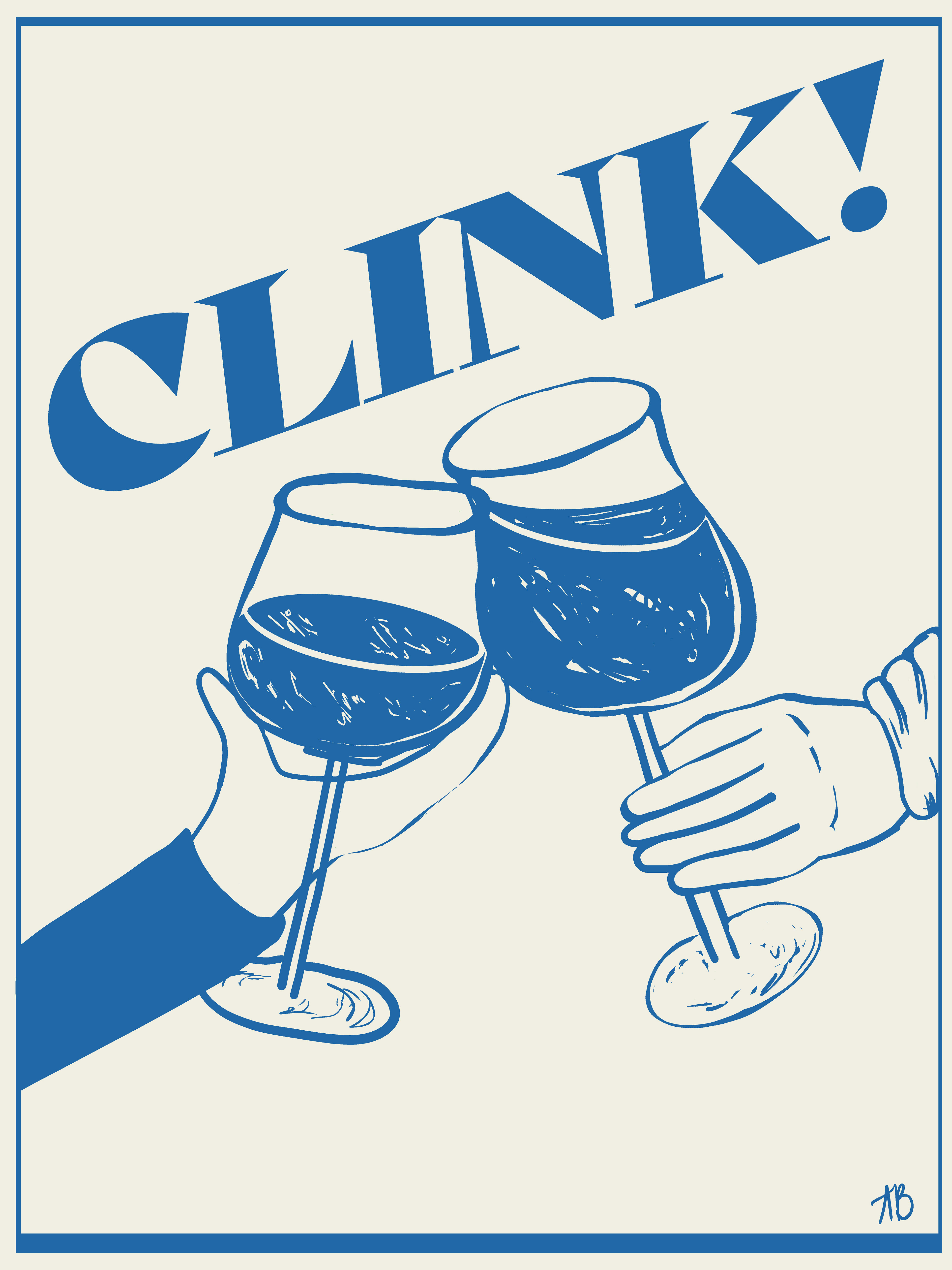 "Clink" in blue and white