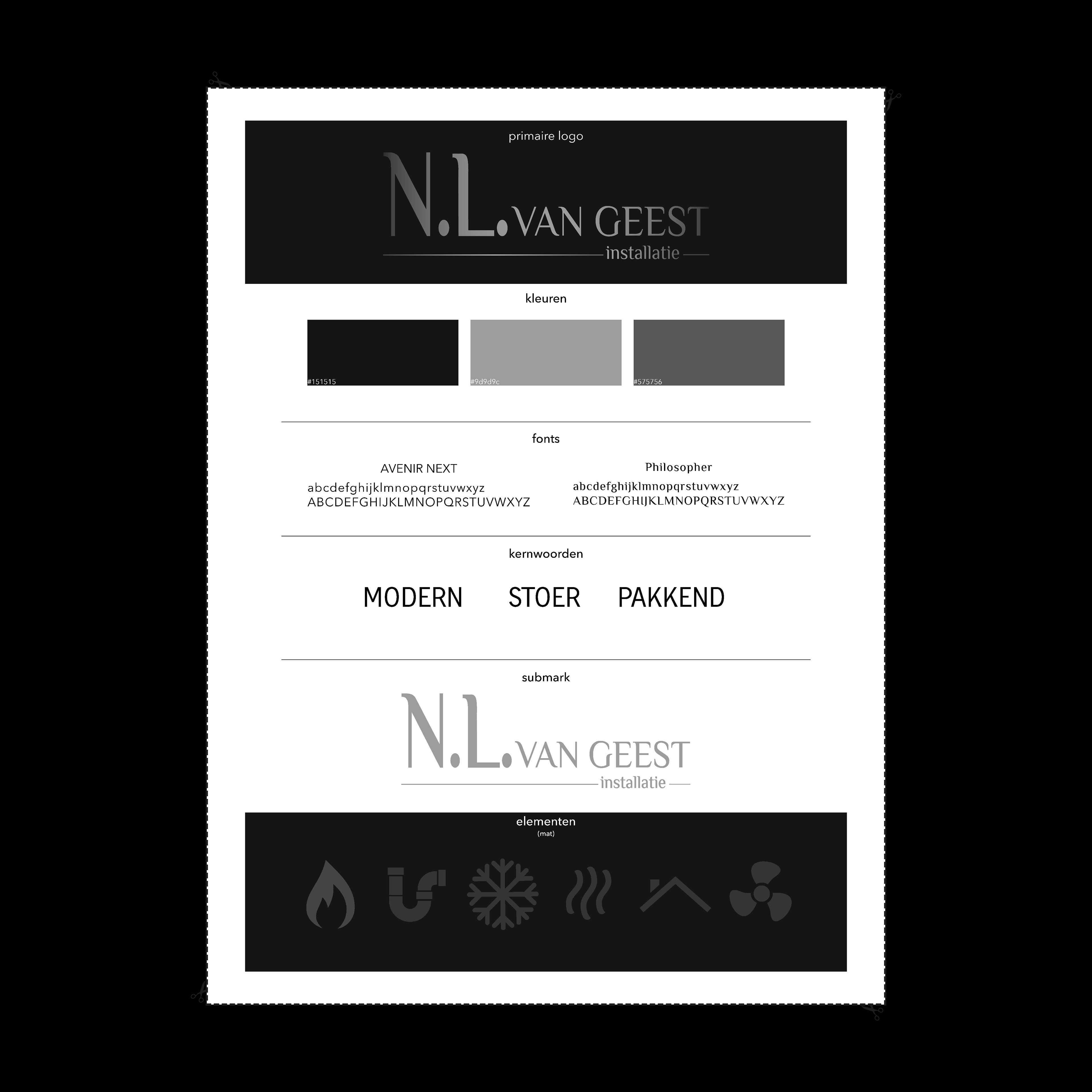 Visuele identiteit document met logo, kleurcodes, lettertypes en elementen