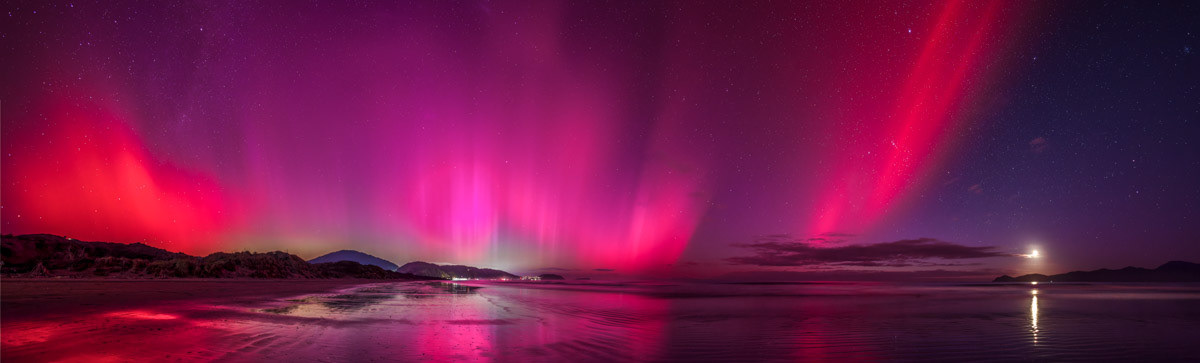    Solar storm over Paekākāriki: The largest solar storm in two decades struck the Earth on 11 May 2024. From Raumati South, I captured this panorama stretching from due east all the way to Kāpiti Island