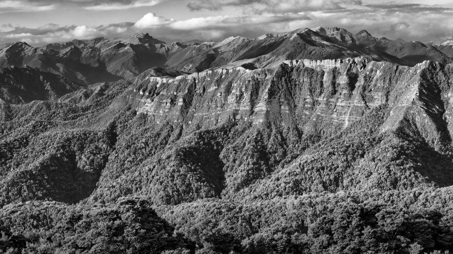 The Paparoa Escarpment from Moonlight Tops hut. We walked along the ridge later that day.