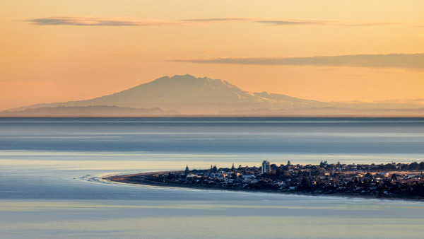Slumbering giant: Mt Ruapehu stirs while Kāpiti is still asleep. From Paekākāriki Hill Road lookout