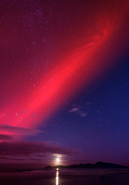    Kāpiti Island aurora: The aurora of 11 May 2024 reached north of Kāpiti Island and coincided with a setting crescent moon. I reduced the saturation of the print as it was too gaudy out of the camera!