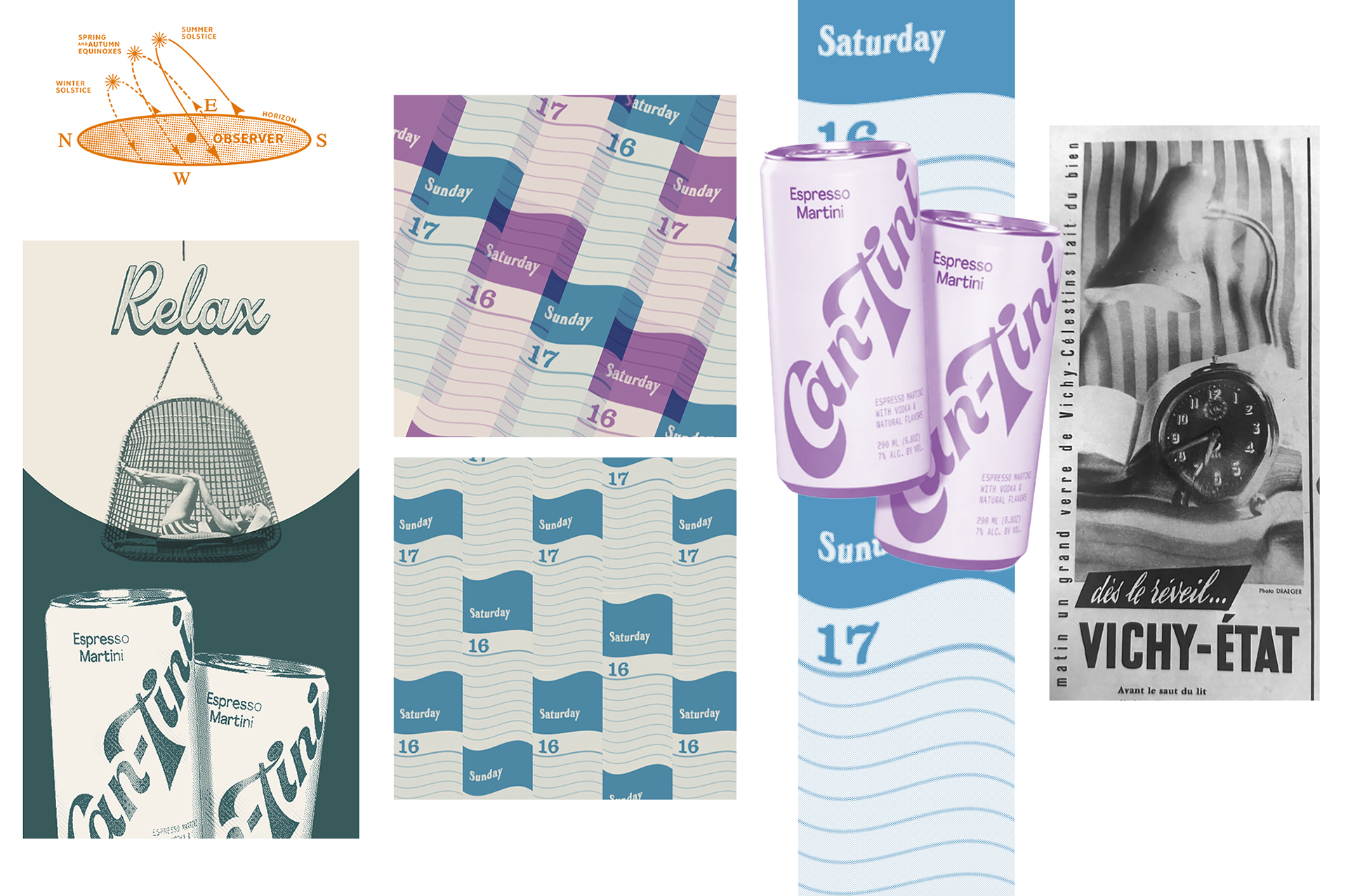 Concept revolves around the length of summer days and having a great beverage from afternoon to night that puts pep in your step. Extended calendar days could be an animated background in an IG story ; scrolling, like they are being stretched like taffy