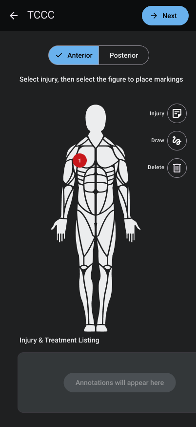 Injury and treatment feature with preloaded injuries  and treatments to reduce cognitive errors in documentation