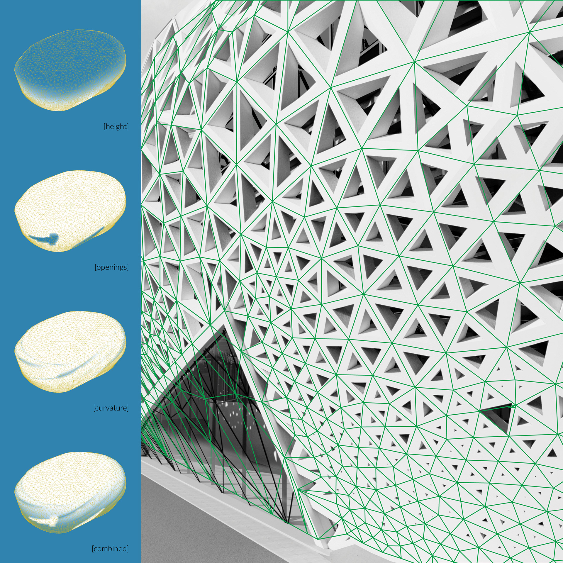 Using Grasshopper scripting, I created a 'deffiniton' that divided my base geometry into a fractal like grid. calculating each face's size and sharpness to be determined based on factors such as opening portals, surface curvature, privacy, elevation and visibility.  this developed  further in a way that allowed points of compression in the structural shell to be come more evident in the overall pattern. the end result creates a grid-like system that challenges anyone to find a straight path along its edges.