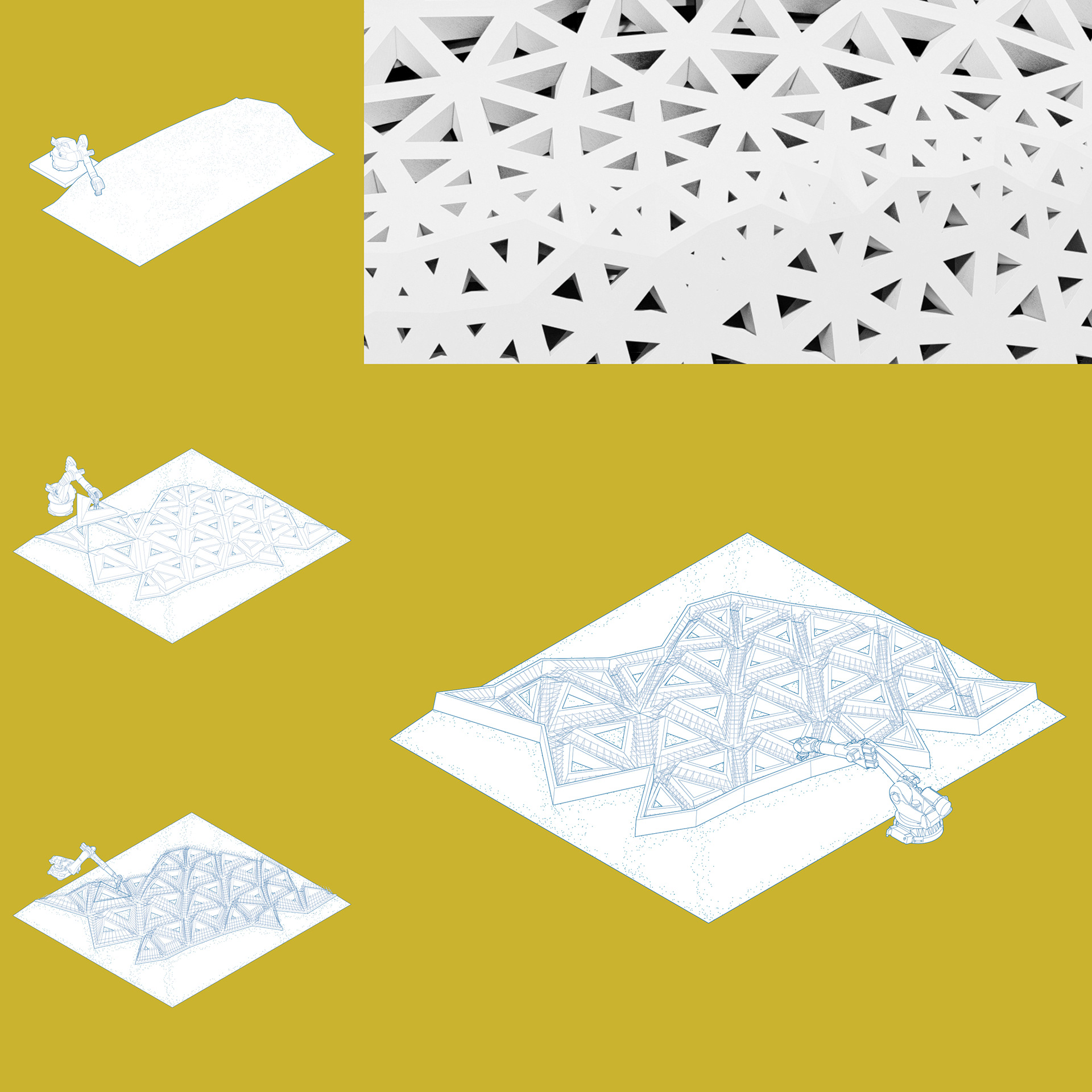 One important factor in this was establishing how the structural system of the facade would function. Because the triangular patterning disrupts all significant linear paths (apart from portal openings) there was no opportunity to create a traditional steel frame to support the units. Instead, using a system similar to that of Kraust's Breakwater Beacon Tower, I subdivided the overall geometry by surface area and curvature so that units could be individually printed as half shells, then arranged precisely on a sand bed where they could be fused together as a larger panel. these larger panels increase the structural capacity and allow for more openings than if units were fabricated individually like a system of brick