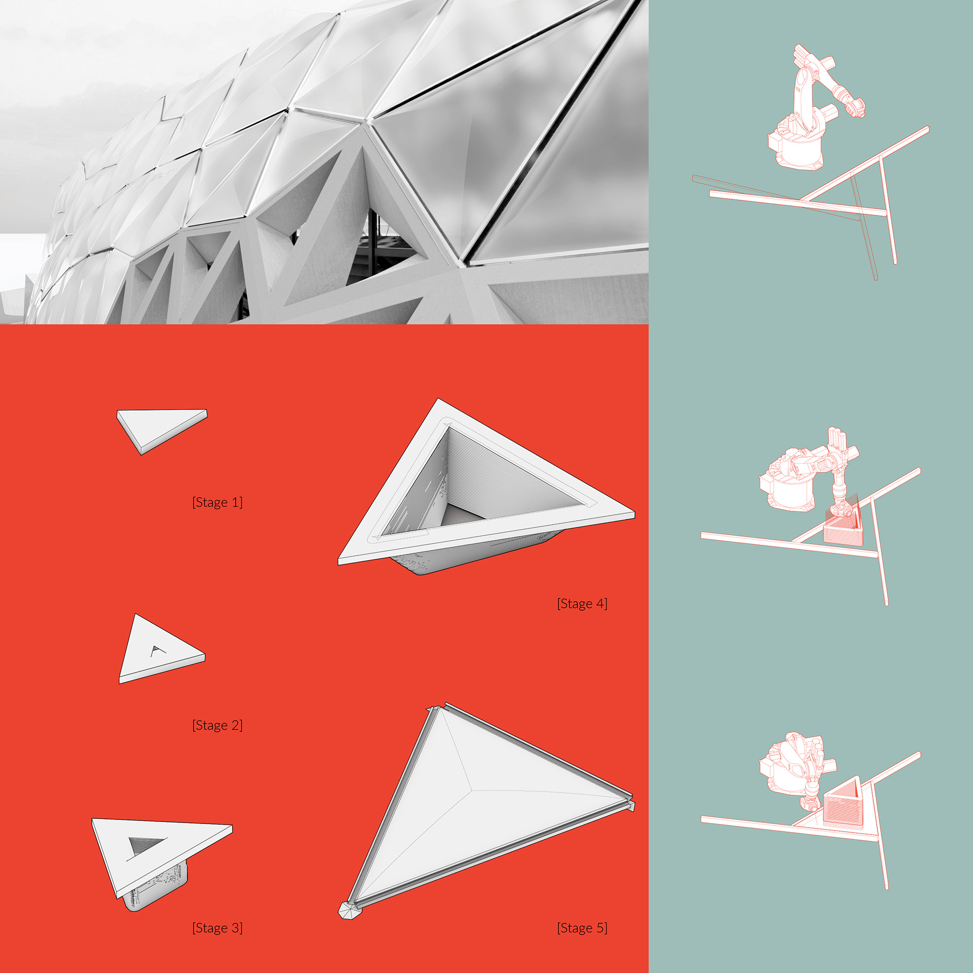 In order to diagram the extents that robotic fabrication can go in creating unique forms, I used the size of the individual triangles to create an evolution of geometric changes as the scale of the face grows larger  Stage 1: with closed faced units this step was parameterized to units too small to allow apertures on either side  Stage 2: created dimples in units large enough to form openings but whose apertures would be too insignificant to allow in light or views.  Stage 3: started to create hollow openings in units where the faces were large enough to bring in light or views  Stage 4: began rotating the interior faces of units whose required edge thickness was less than 90% of the face's surface area. The greater the disparity, the greater the rotation.  Stage 5: The largest and highest units were design to be fabricated using ETFE panels over a metal structure. This was used so that more natural light could be brought into the concourses. In addition to the amount of light, using ETFE means significant weight would be removed from cantilevering positions while the structure helps to tether the shell to the interior. It also achieves a two tone effect of materials on the buildings facade. 