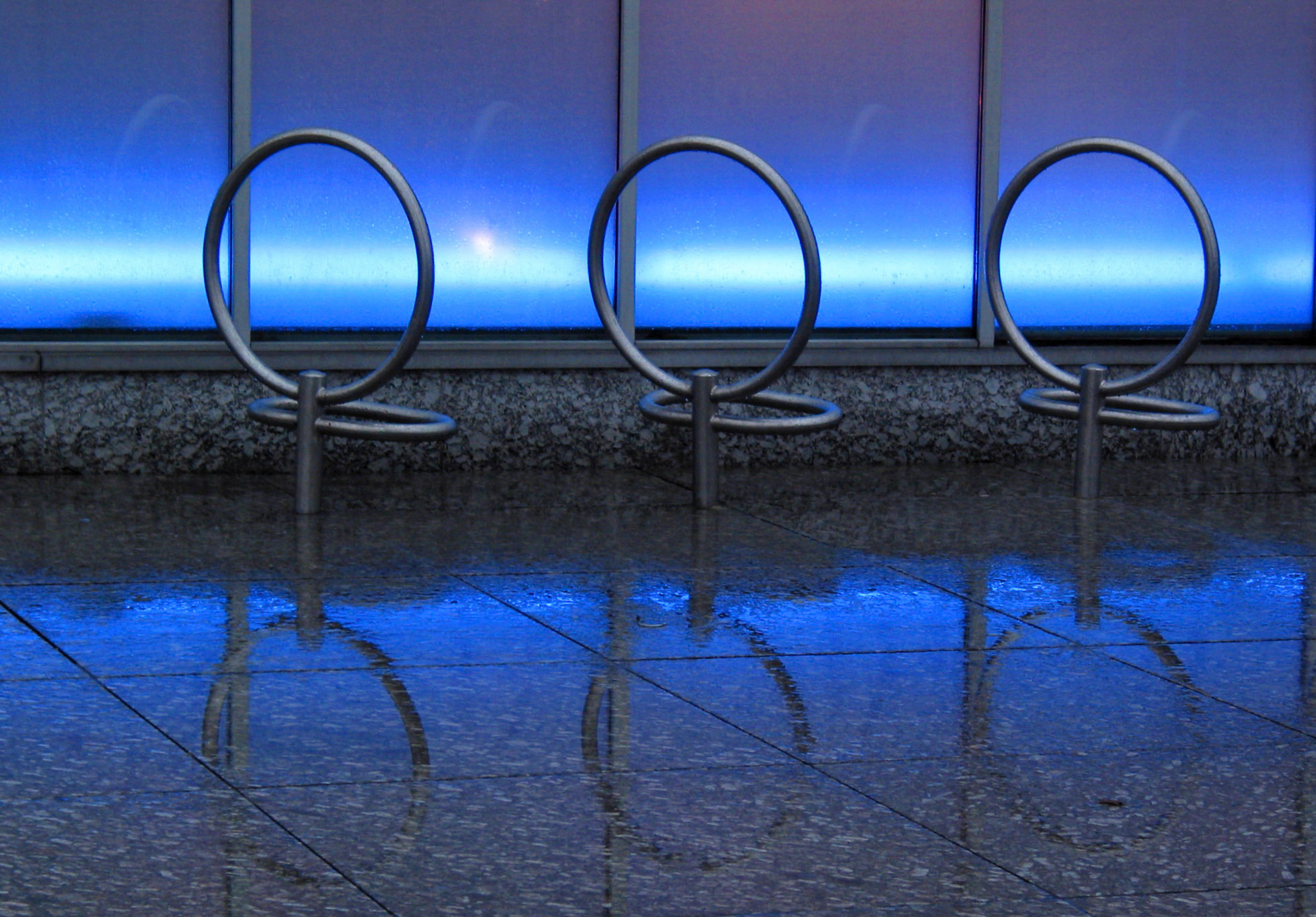 Blue light reflections in the rain, Princes Mall, Edinburgh, 2002