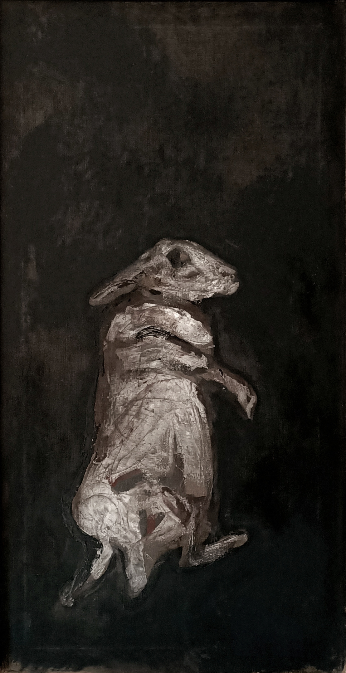 LEPRE SU FONDO NERO, acrilico, calce, bitume su tela, 2003.
