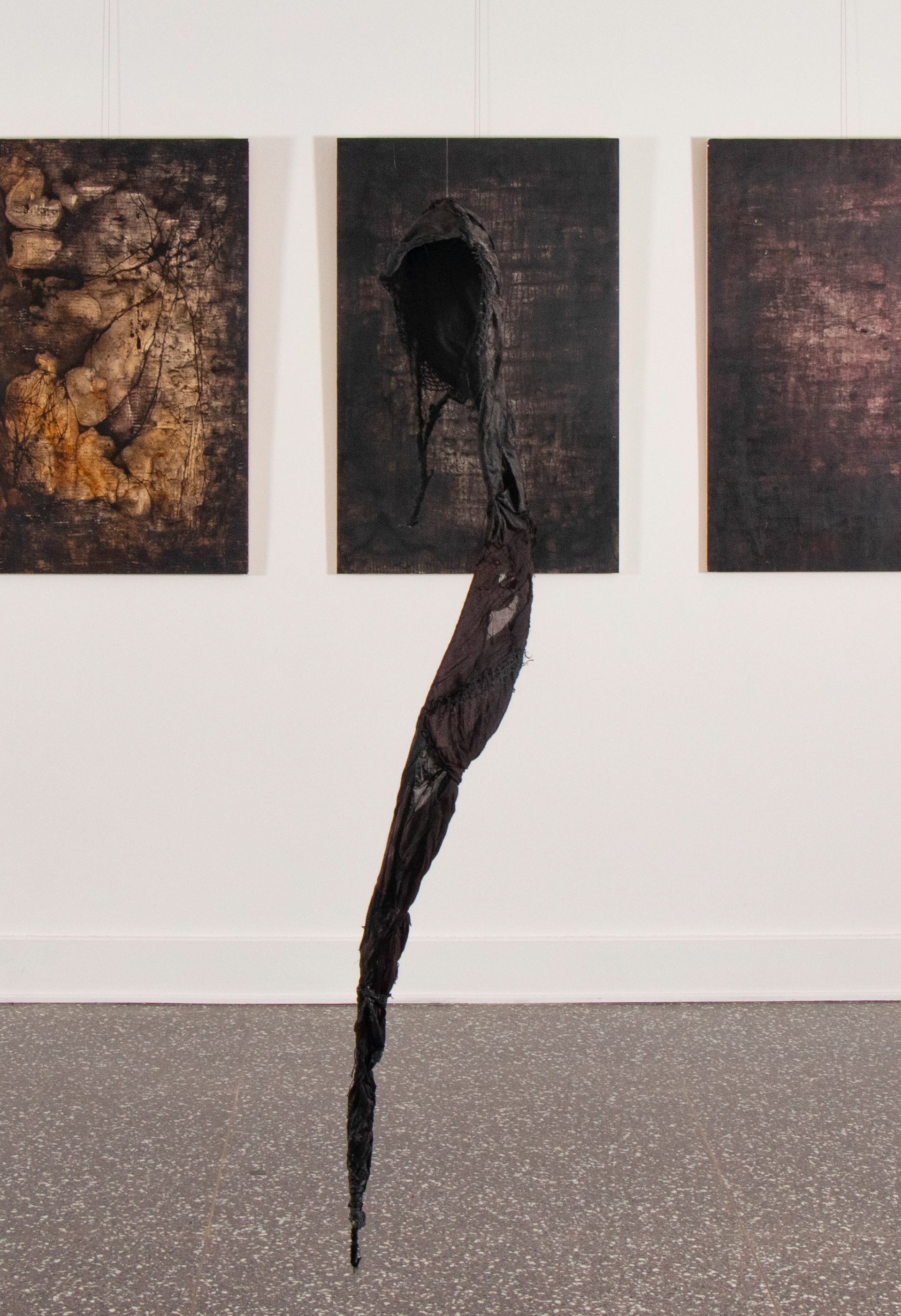 steel rod, fabric, thread, string, lace, net, plaster, acrylic paint, ink, fabric dye, clear glue. 2025