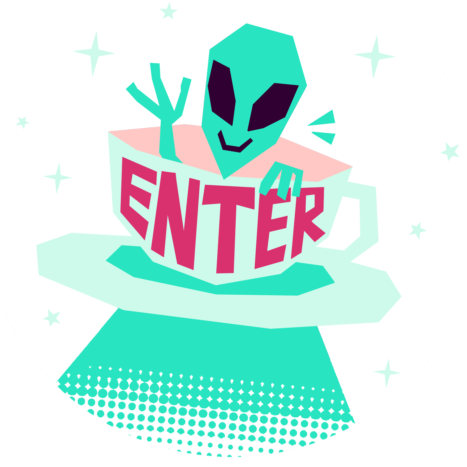 An alien in a flying teacup and saucer greets you, bidding you to click to enter.