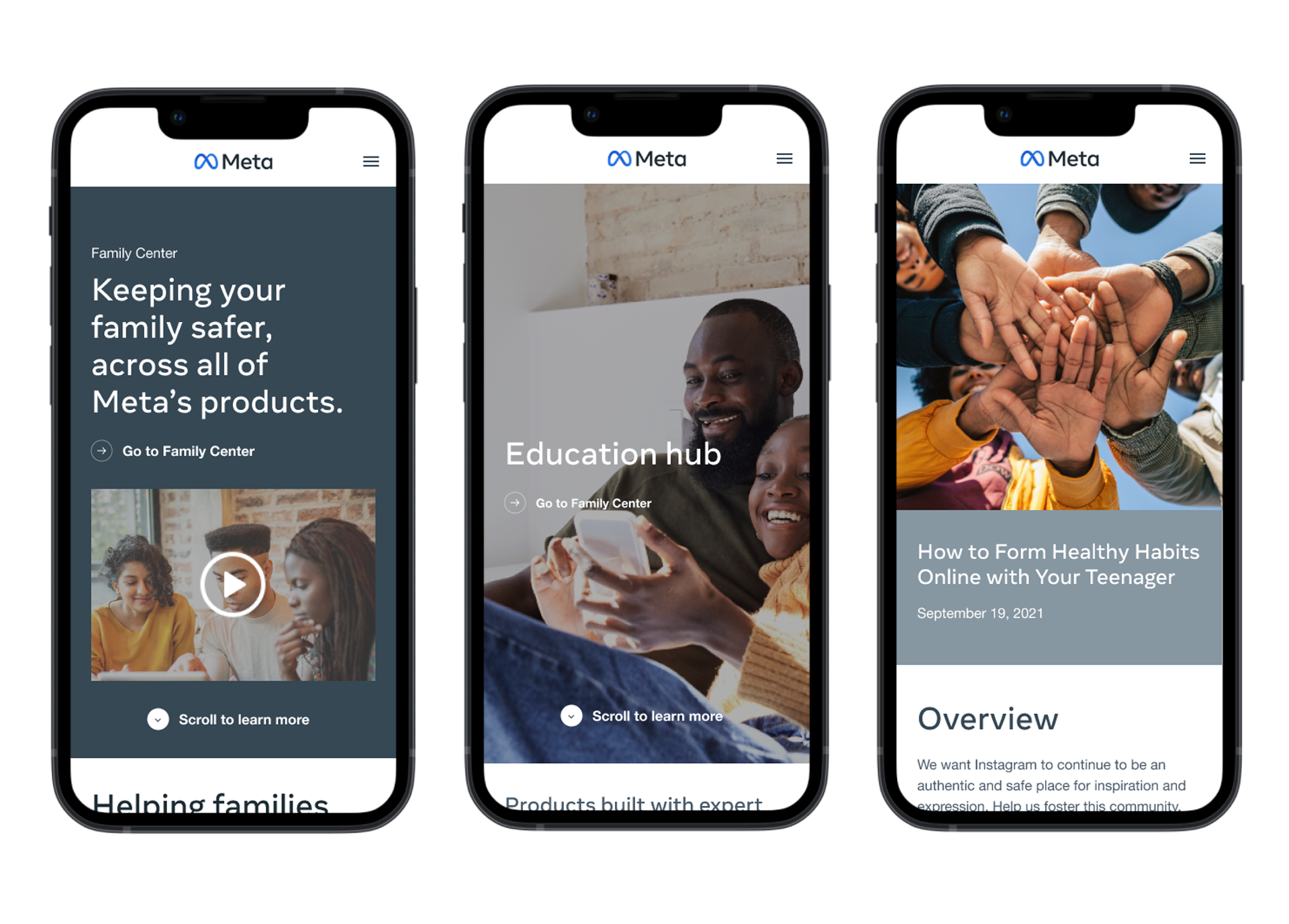 Meta Family Center and Education Hub designs on mobile devices
