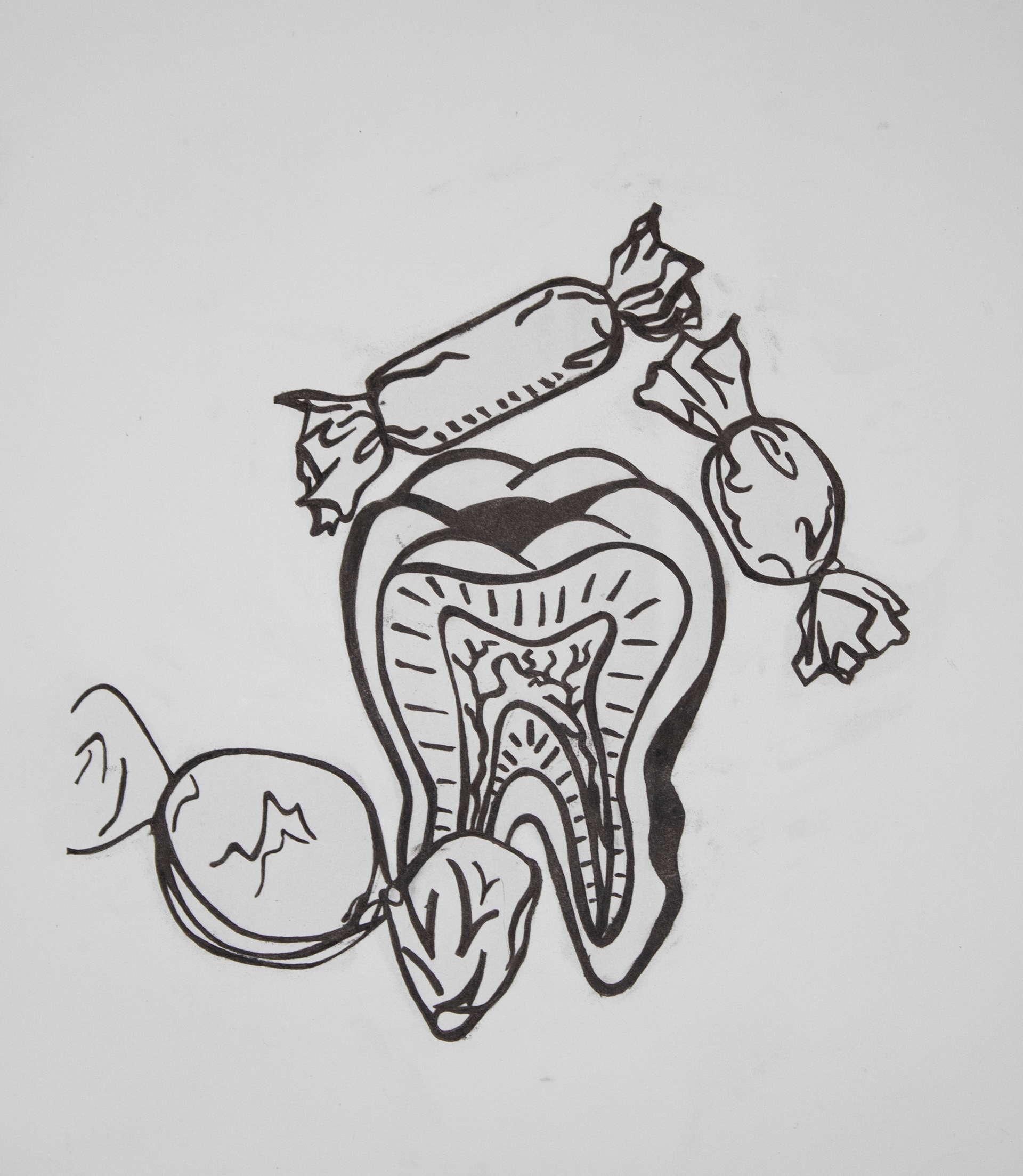 "Sweet Tooth", Printmaking, 11 x 13, 2026 |  This piece is a stone lithograph and the design is an expanded version of my other print "2:30". I wanted to see what I could do to make this idea stronger so I decided to print in black and add more elements to the center. 