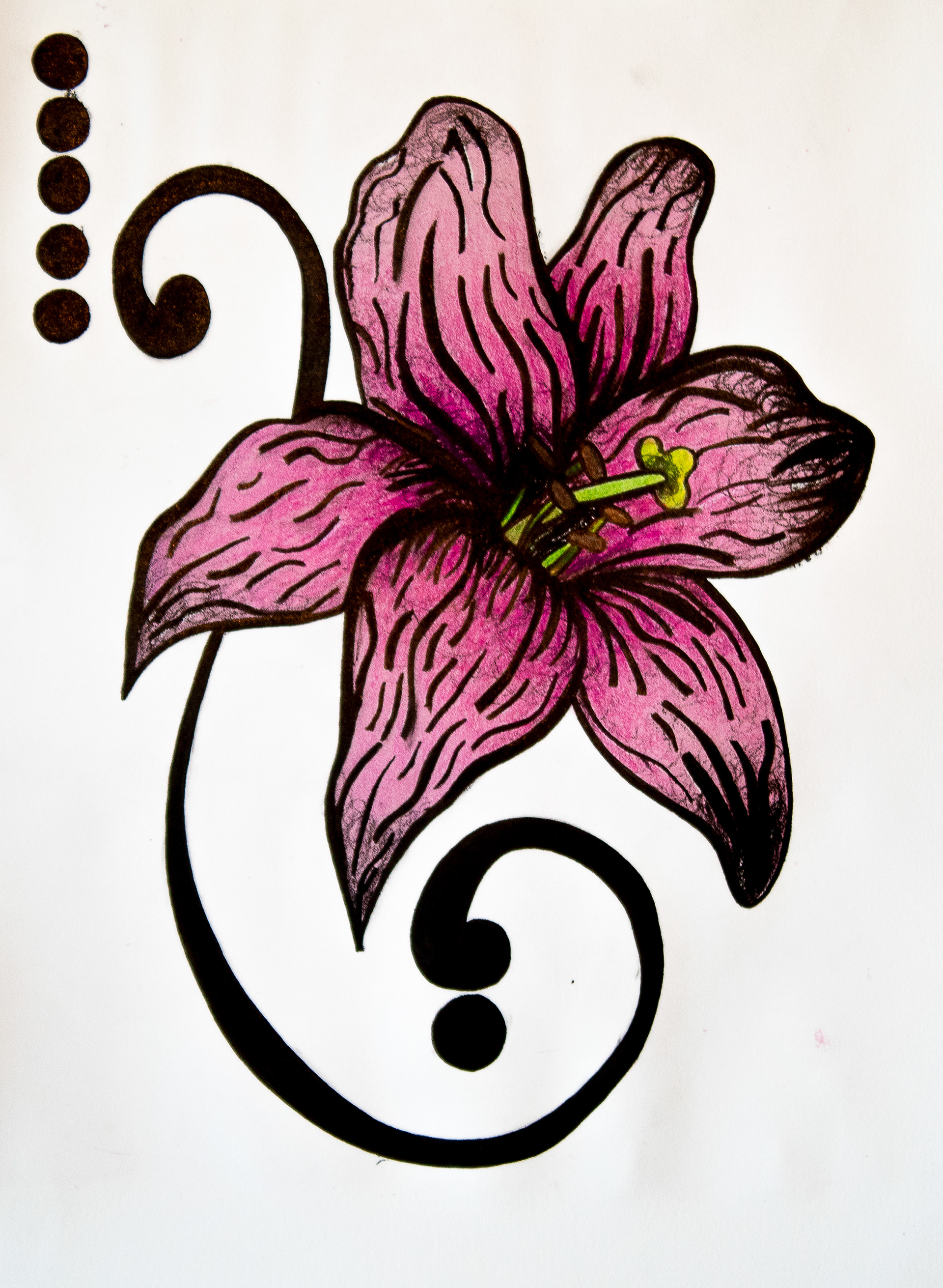 "Untitled", Printmaking, 8 x 11, 2026 |  This piece is a stone lithograph of a lily. It has colored pencil added to the petals for additional depth.   