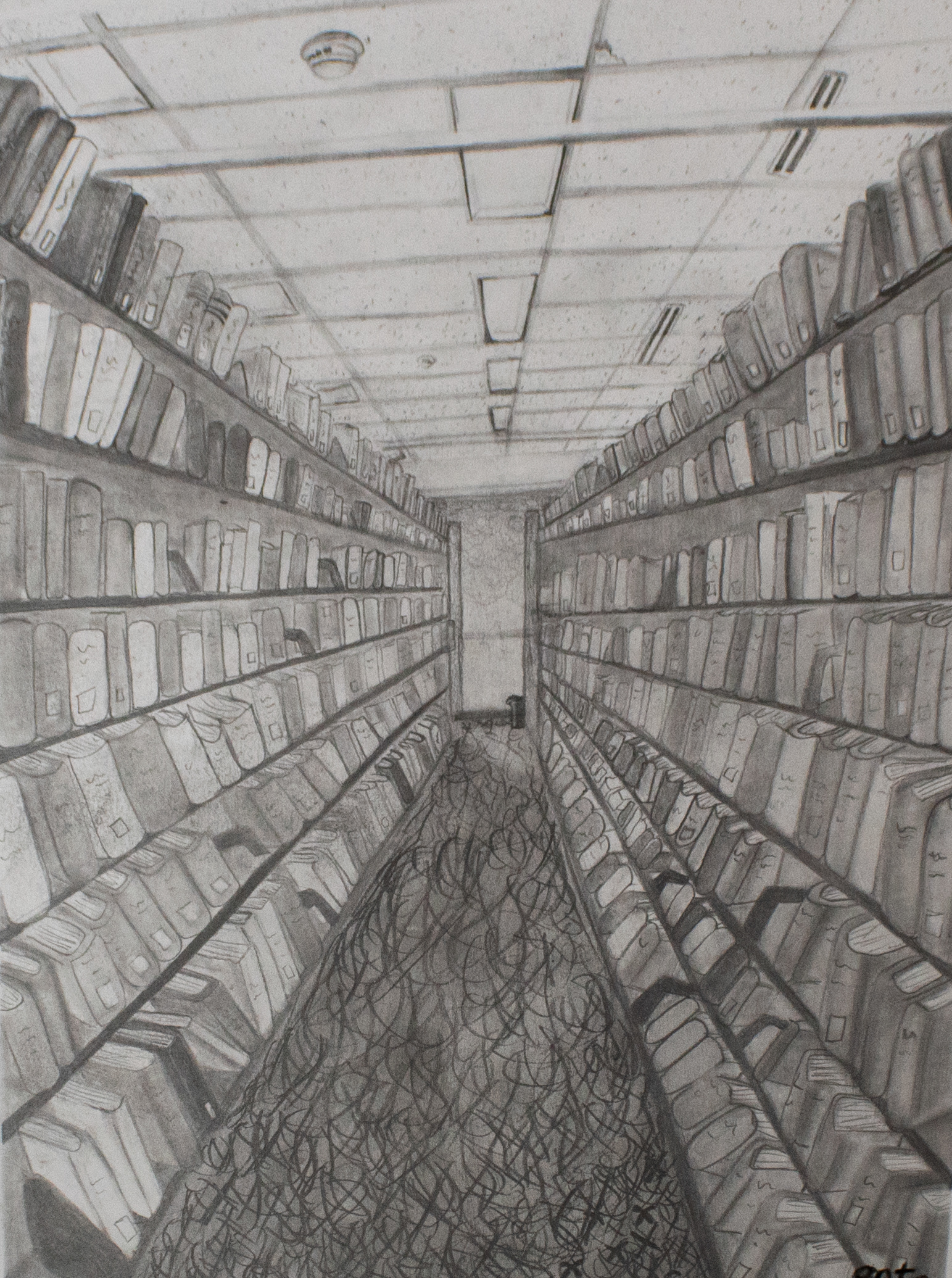 "Untitled", Graphite, 19 x 23.5, 2024 | Graphite on Bristol paper. I chose to give the shelves a fisheye quality to draw your attention to all the small details on the books.