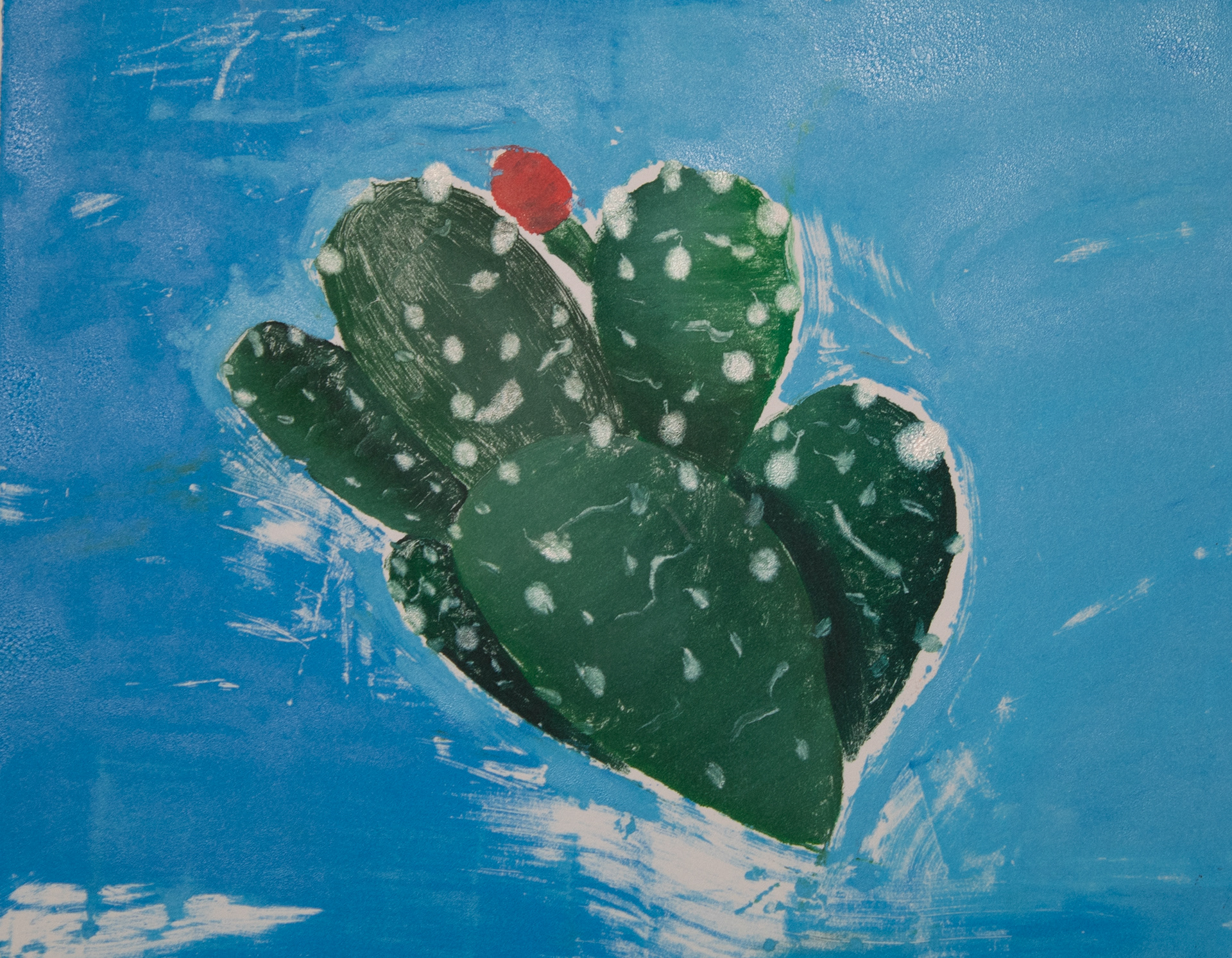 "Untitled", Printmaking, 10 x 8, 2025 |  This piece is a monotype of a cactus that I saw at Spring Grove cemetery. I chose to implement a solid blue background to make the details of the cactus pop. 