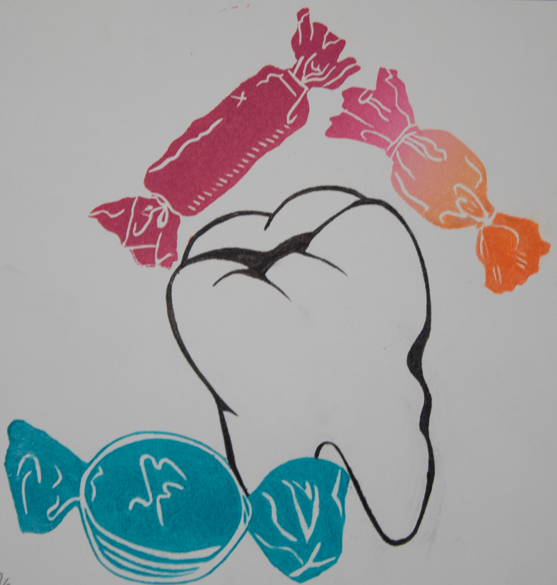 "2:30", Printmaking, 9.5 x 9.5, 2025 |  This piece is a puzzle block print that is comprised of three pieces, the tooth being the central piece. The colors on the top right piece of candy were achieved by using the rainbow roll technique. 