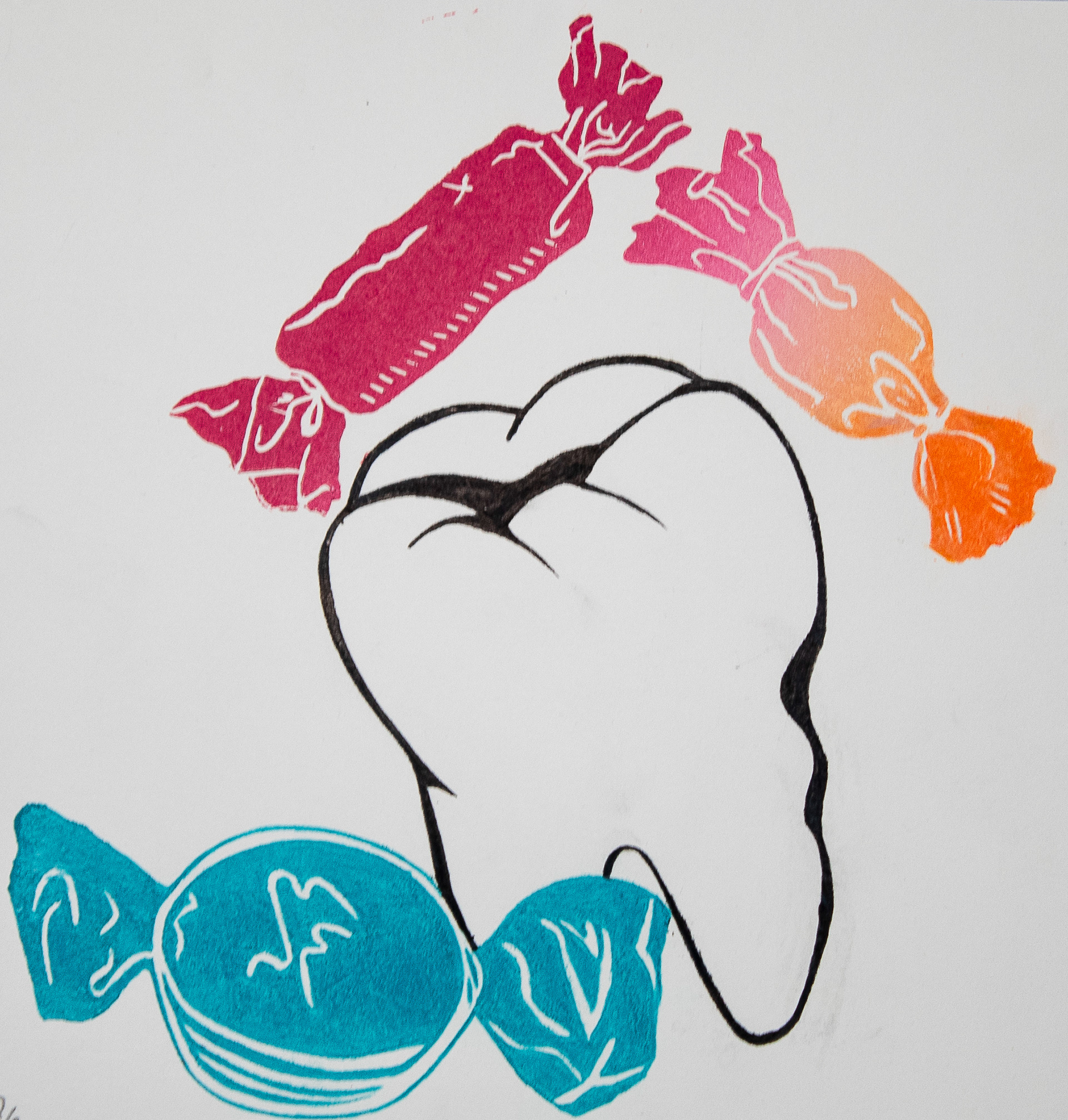"2:30", Printmaking, 9.5 x 9.5, 2025 |  This piece is a puzzle block print that comprises three pieces, the tooth being the central piece. The colors on the top right piece of candy were achieved by using the rainbow roll technique. 