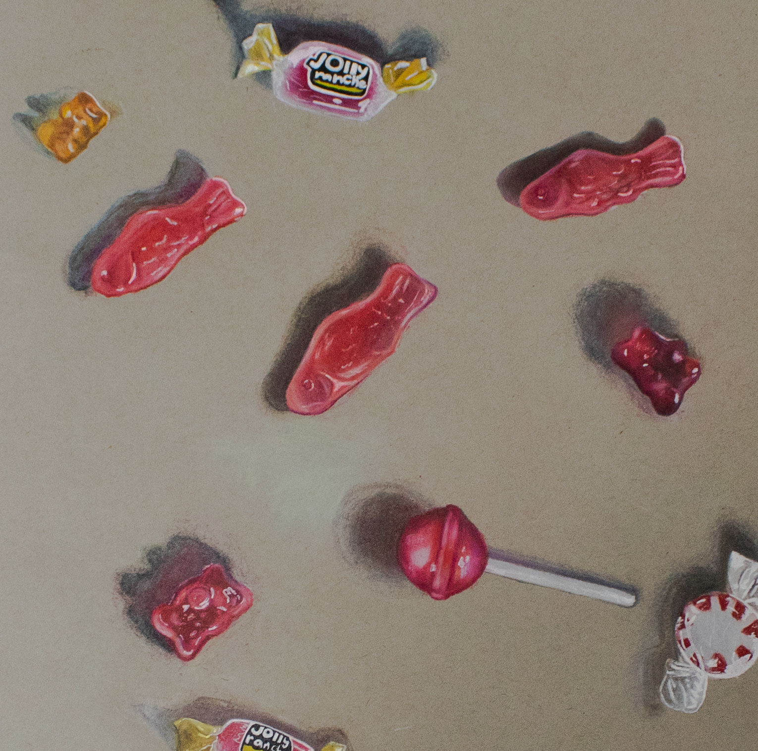 "Untitled", Colored Pencil, 12 x 12, 2024 |  This piece is colored pencil and white fine liner. The candy is spread out to emphasize the shadows and highlights in the wrappers.