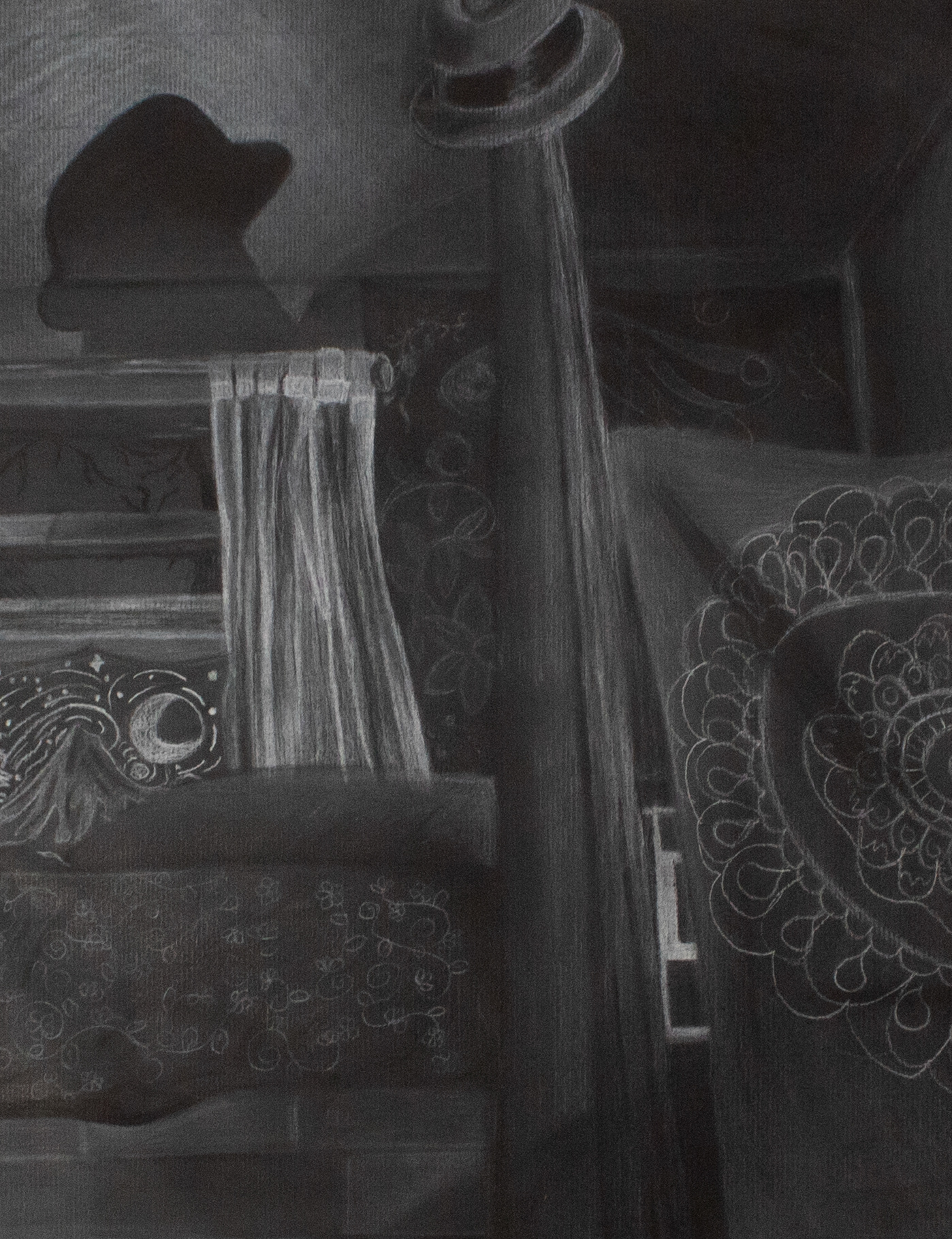 "In my Room", Charcoal, 11.5 x 15, 2024   |  This piece is based off of a photograph of my room, I chose this because I wanted to capture the feeling of loneliness. I spend the vast majority of my time in my bedroom alone creating art and I wanted this piece to communicate that to the viewer. I sketched my outline in a thin layer of white charcoal and began to shade in my lightest values. I used a subtractive method for the darker values and blended everything with a blending stump.