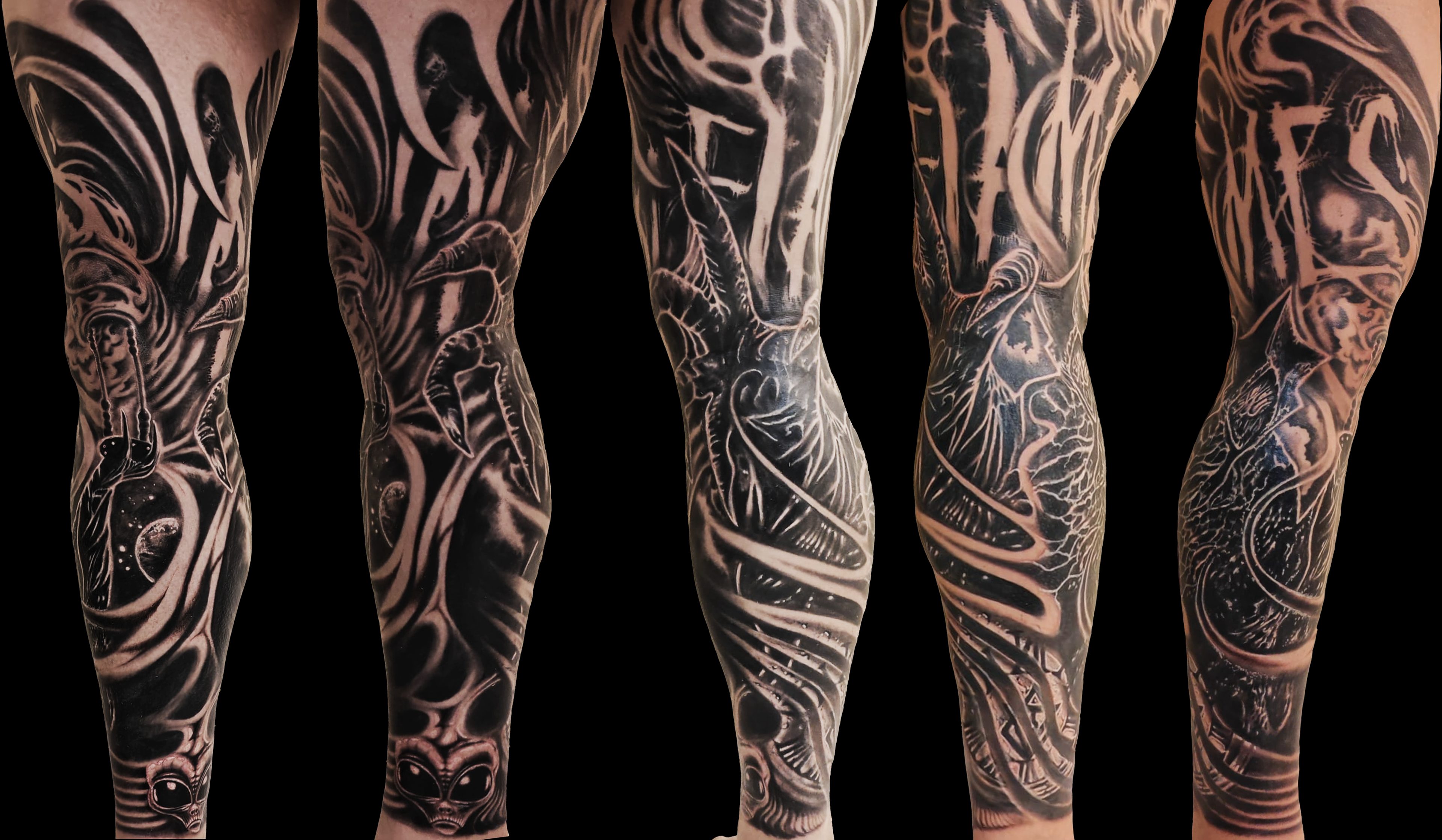 In Flames theme full leg sleeve cover up tattoo