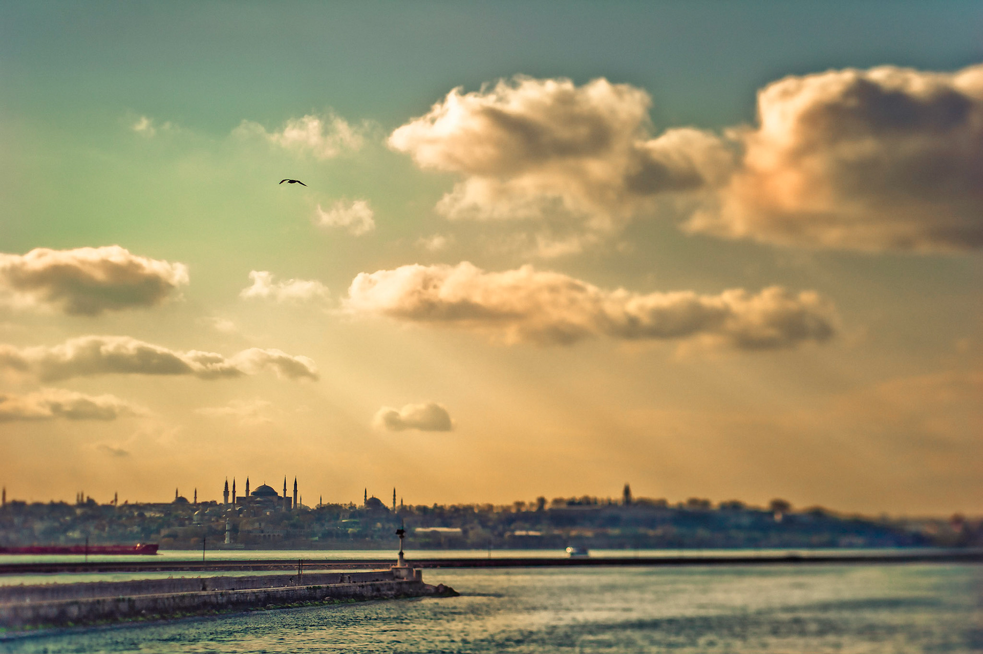 La jetée, le tanker et la Mosquée Bleue.  Istanbul