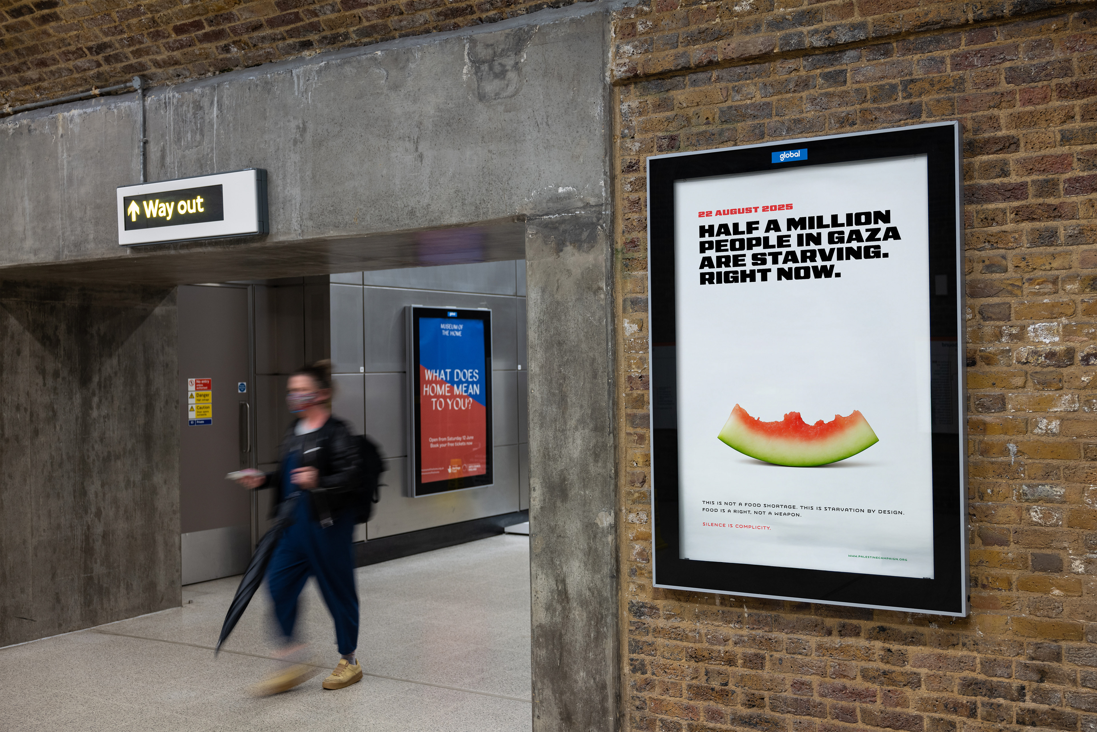 Starvation in palestine poster showing a visual metaphor of a nearly gone watermelon slice