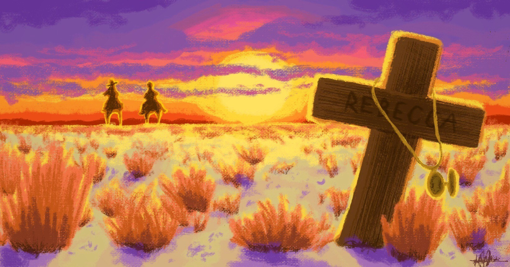 This piece by Kelsy Jaffer shows Simon and Mia riding off into the distance while her locket hangs from her gravemarker.
