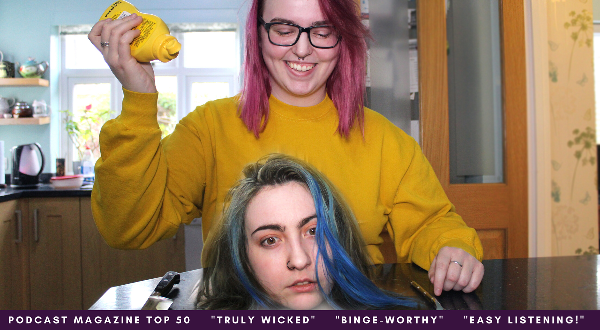 Two female podcast hosts comically replicating a horror scene