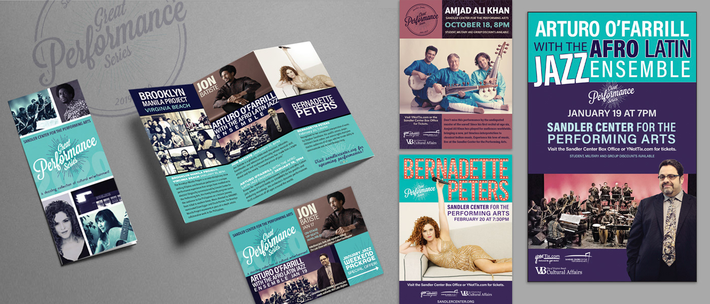 Great Performance Series at Sandler Center: brochure, postcard, posters