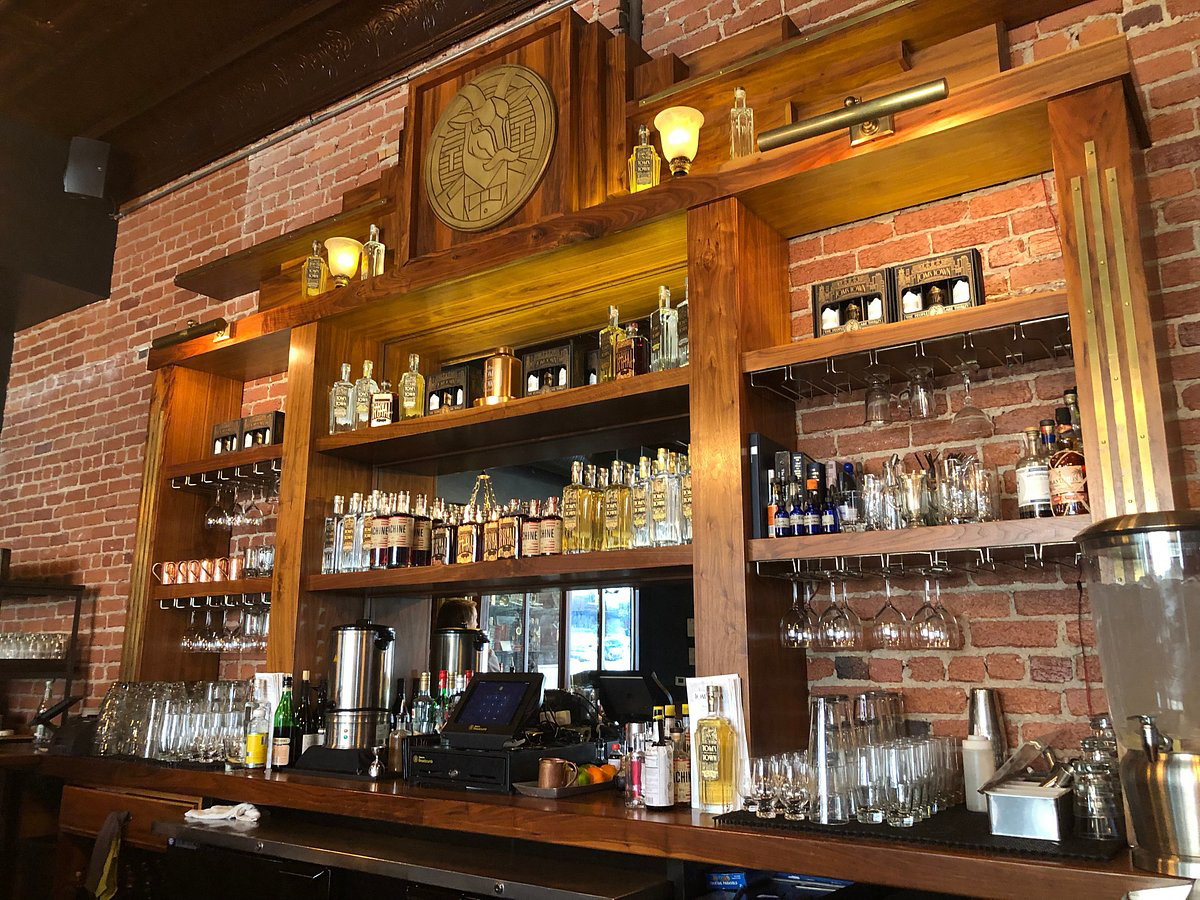 The walnut bar inside Tom's Town