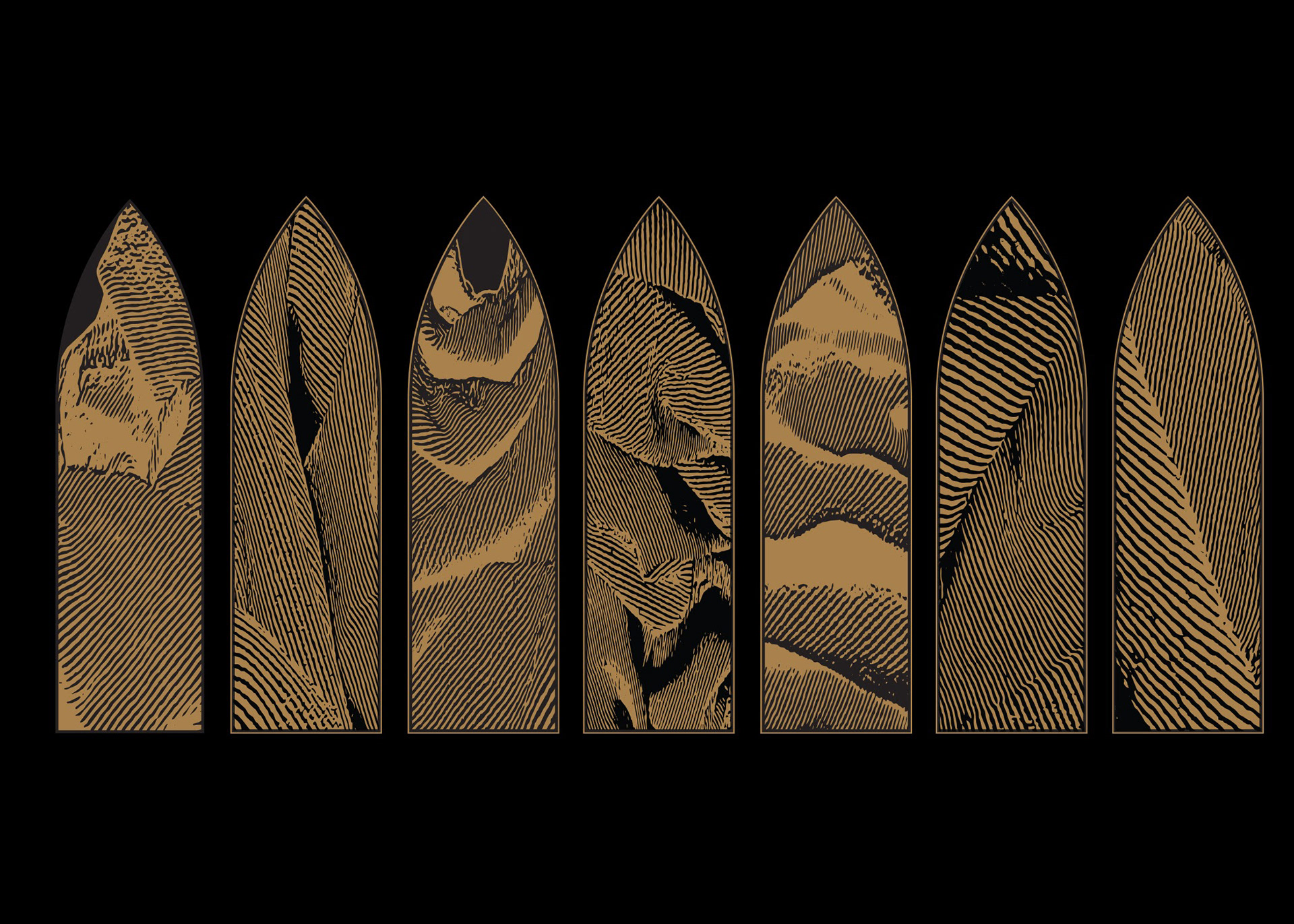 The seven woodblock arches hold space  for us to contemplate what is essential in our histories (like fingerprints),  in our wanderings (like topographical maps),  in our hidden depths (like oceans),  in our formations (like woven fabric),  and in our transformations (like carved wood).  They hold space for us to meditate upon  the mysteries of our faith, on the work of our hearts,  on the prayers of our hands and feet.  They make room for our imaginations to linger,  for our senses to attune,  and for our walls to have windows into the unknown.