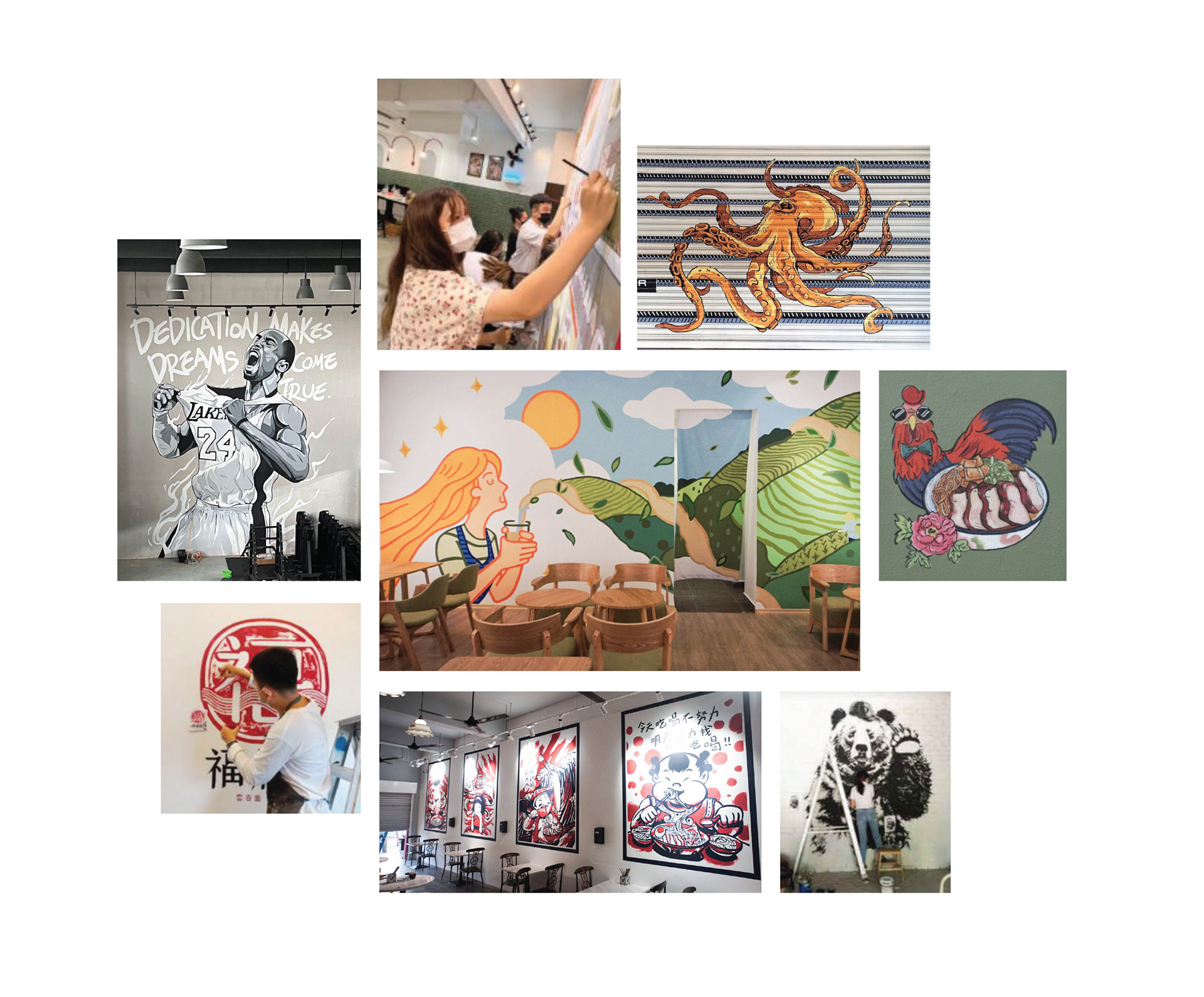 若只為了打卡而畫壁畫，很容易對城市造成視覺破壞， 壁畫作為商店最明顯的作品，不只是好看，更注重為品牌或空間加分， 「先設計，再壁畫」是我們對壁畫的尊重。