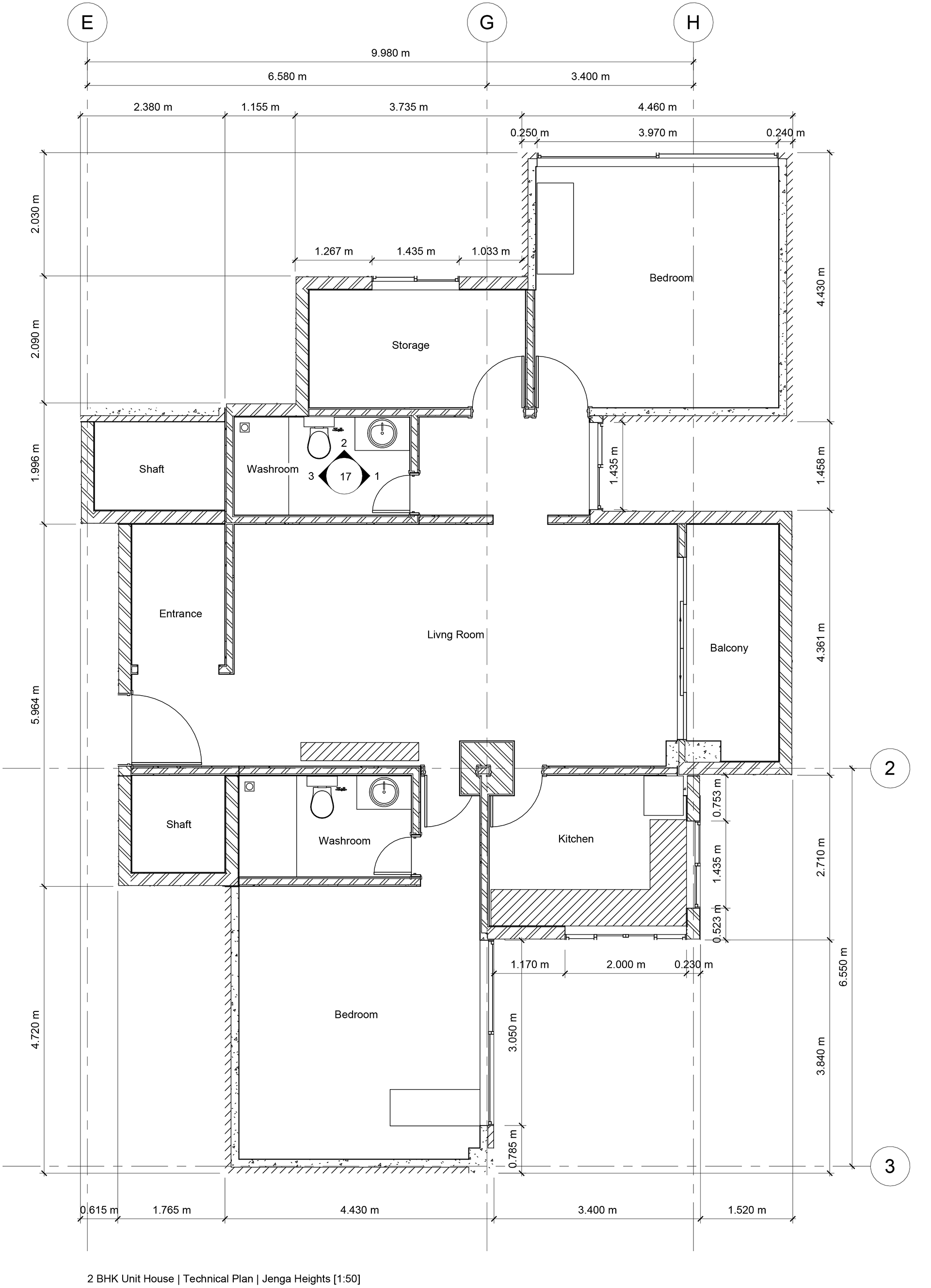 Technical Floor Plan: 2BHK