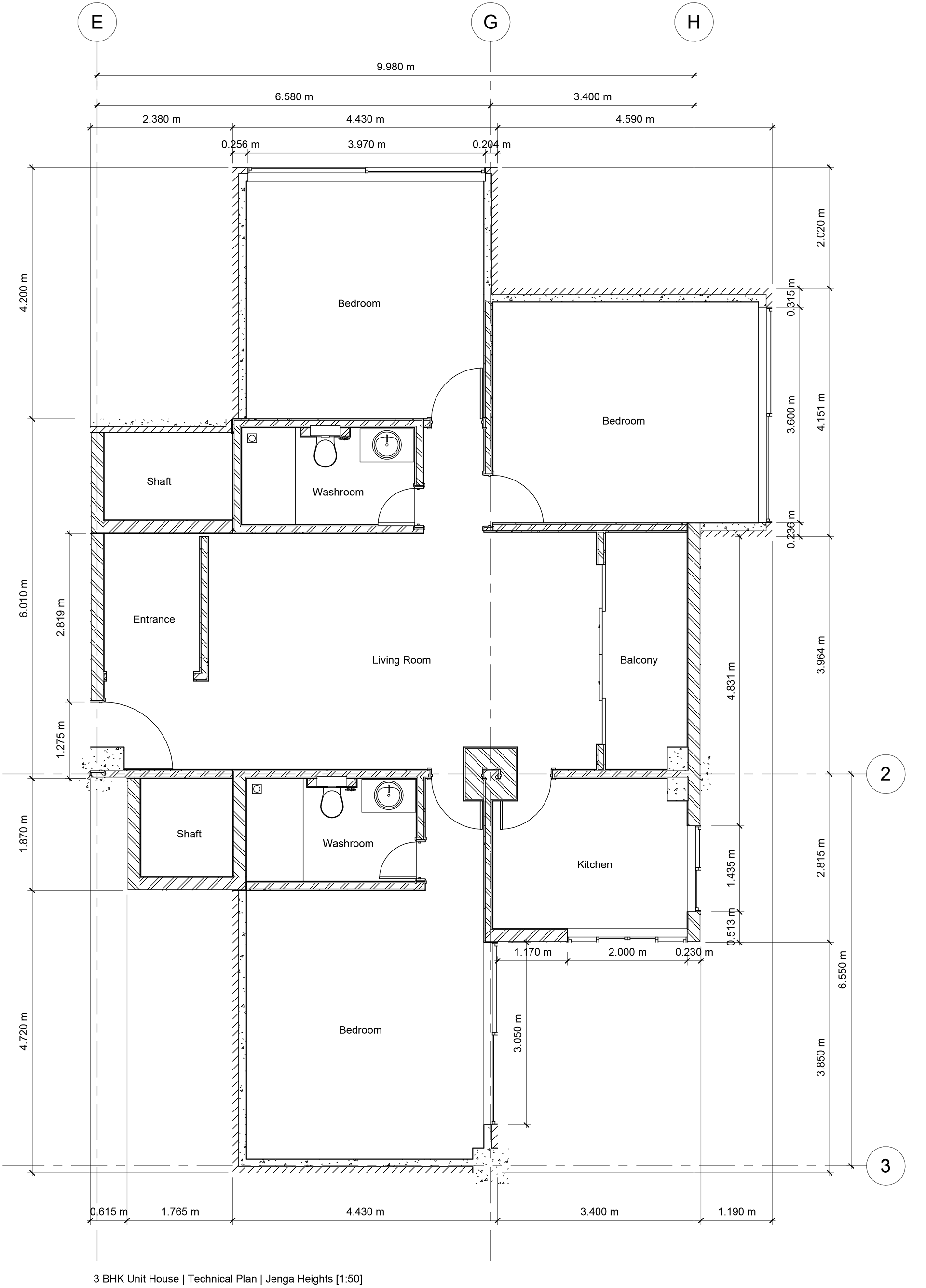 Technical Floor Plan: 3BHK