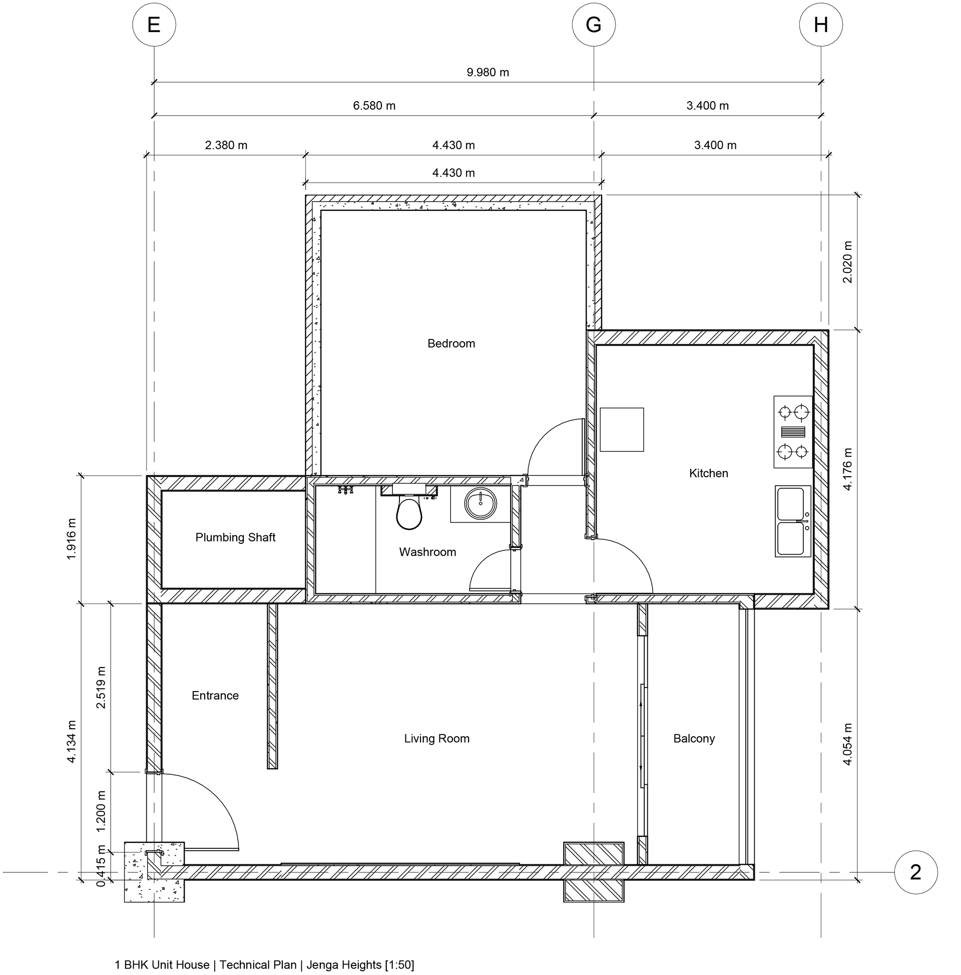 Technical Floor Plan: 1BHK