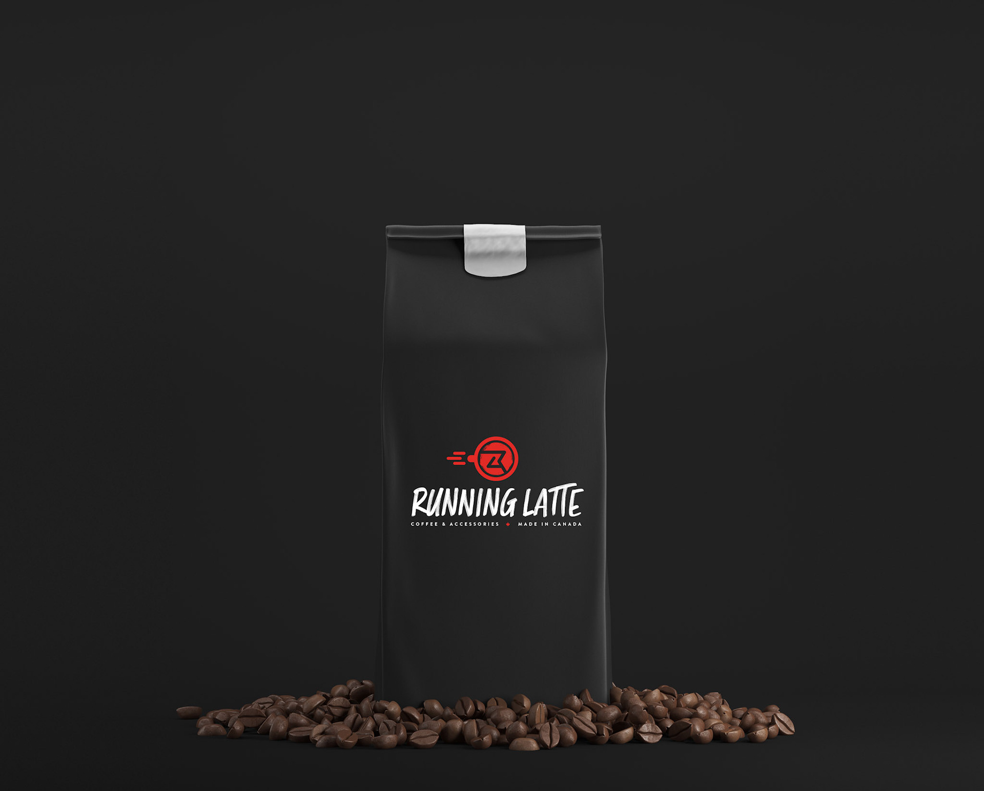 Black pack of coffee surrounded by coffee beans and standing against black background. 3d rendering. Mock up