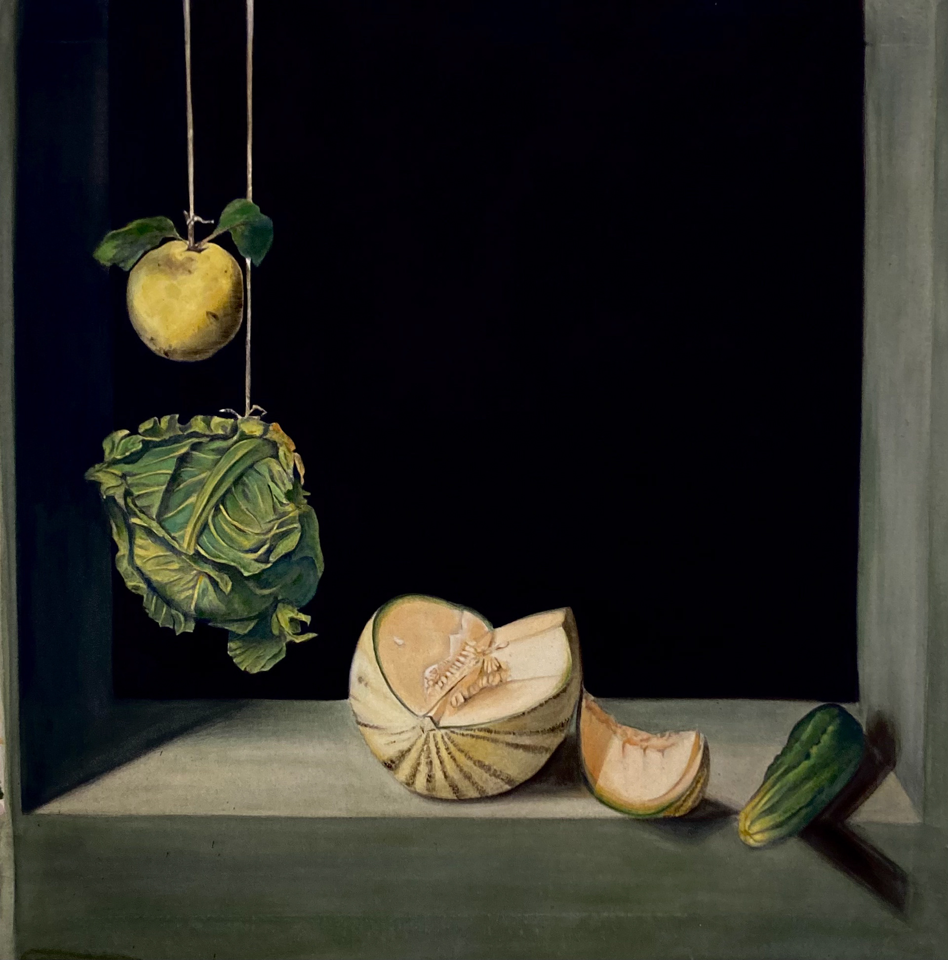Recreation of Juan Sanchez de Cotán's 'Quince, Cabbage, Melon, and Cucumber', created using bister technique, 4'x4', acrylic on muslin. 