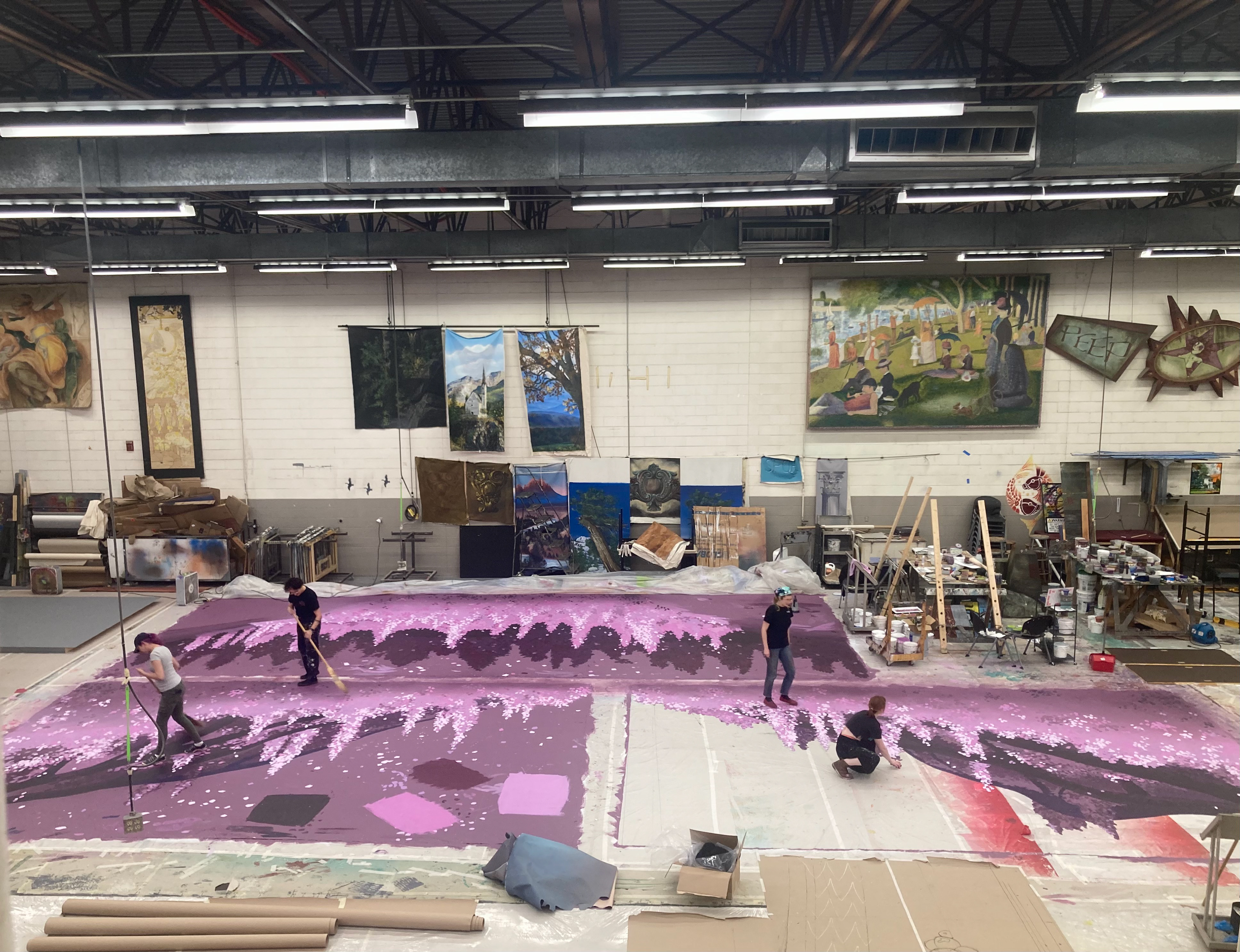 Process of a cut and netted cherry blossom back drop.