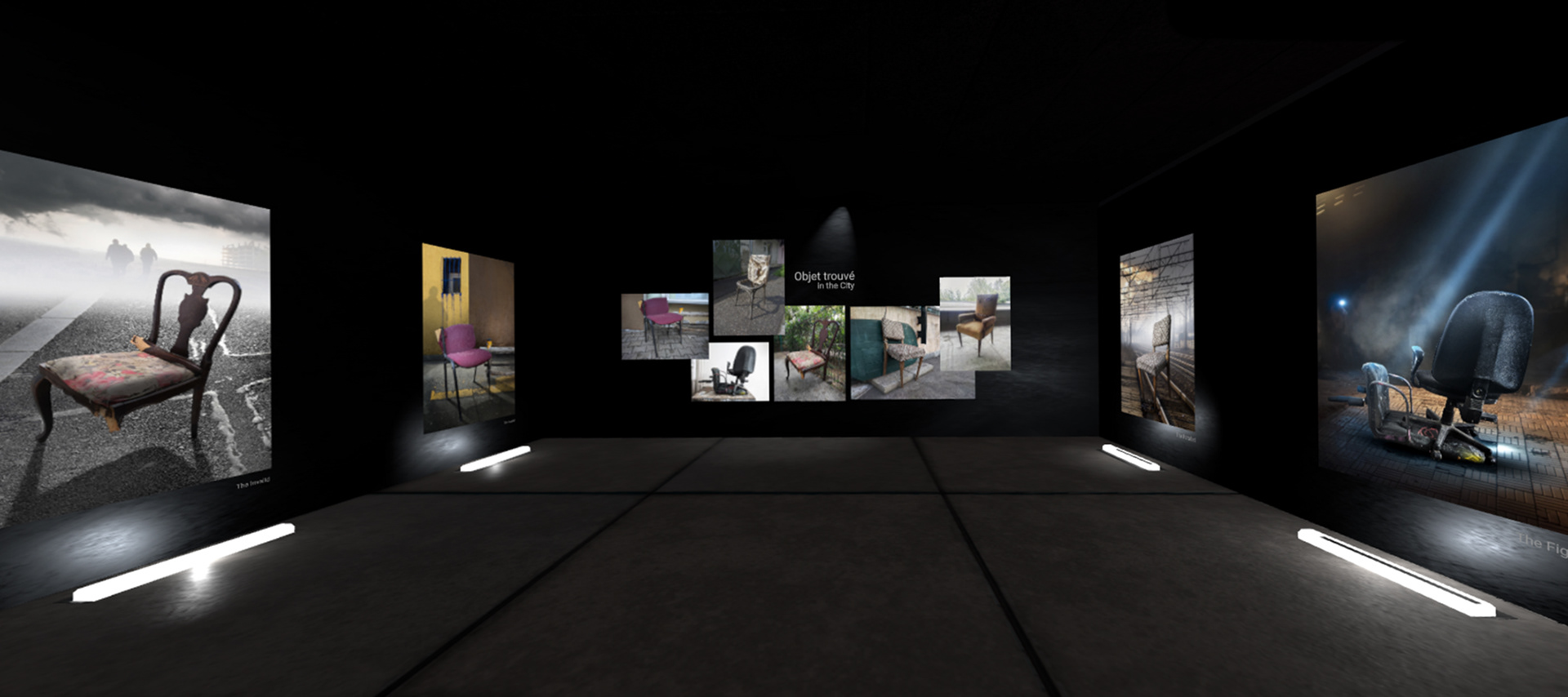 Virtual exhibition space features visual narratives alongside photographed chairs found in various locations throughout the city.