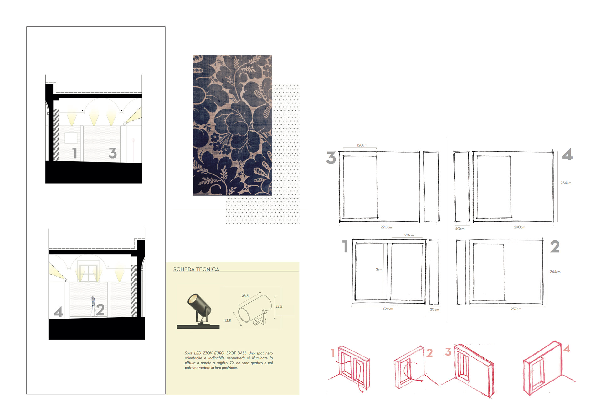Coupes salle 3 / Choix du motif / Détails techniques du dispositifs / Croquis des dispositifs scénographiques