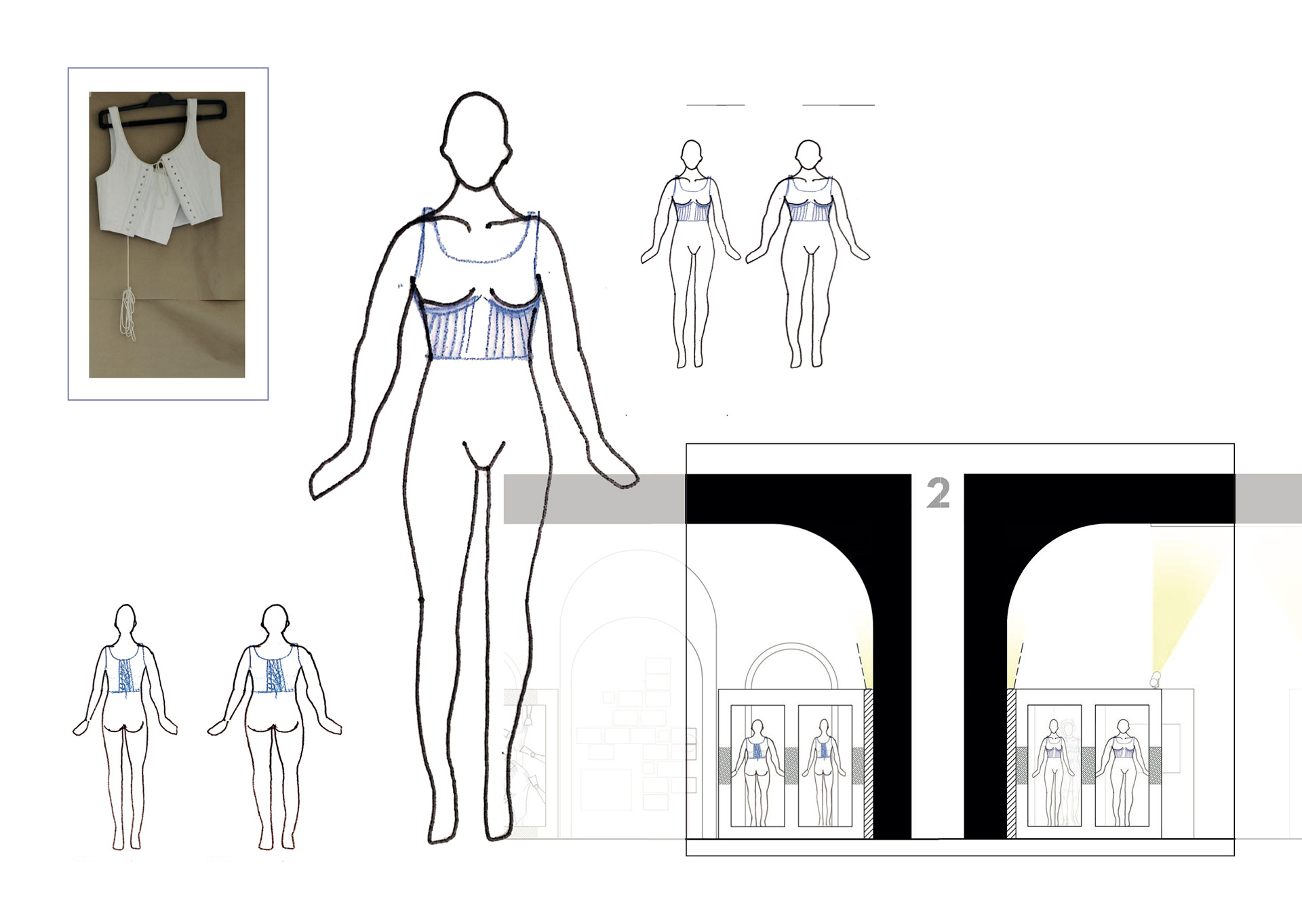 Choix du costume / Croquis des dispositifs scénographiques / Coupe salle 3