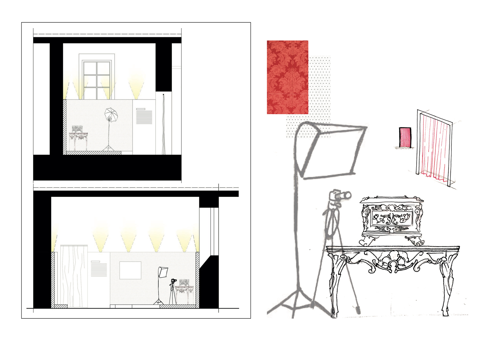 Coupes salle 6 / Choix du motif / Croquis des dispositifs scénographiques