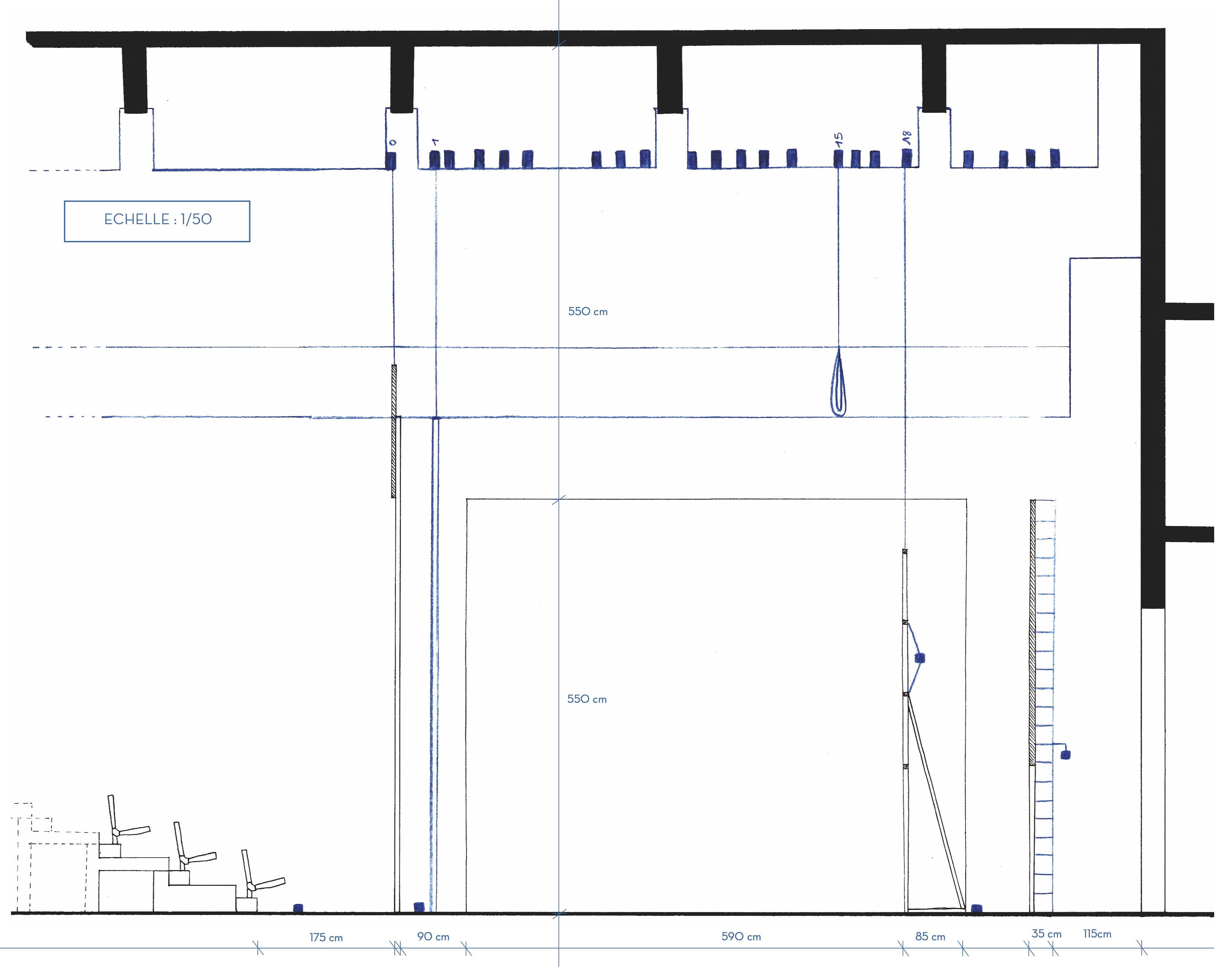 Coupe 2 de l’implantation des dispositifs scénographiques