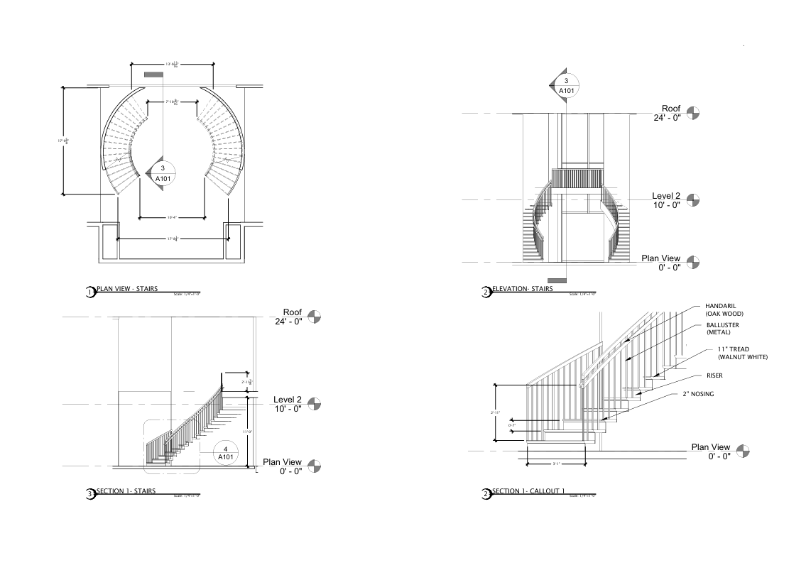 Double Grand Stair Detail:  This drawing set features elevation, section, and callout views of a custom double grand staircase. It highlights key elements such as tread and riser dimensions, curved handrails, balustrade details, and structural connections. The design combines elegance with precision, serving as a central architectural feature in the luxury residence.
